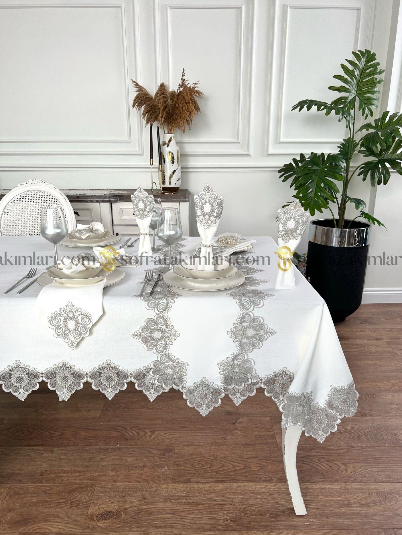 Valentino Model Lüx 38 Parça Sofra Takımı Amerikan Servisli Set - Gri Dantelli - Kırık Beyaz Kumaş