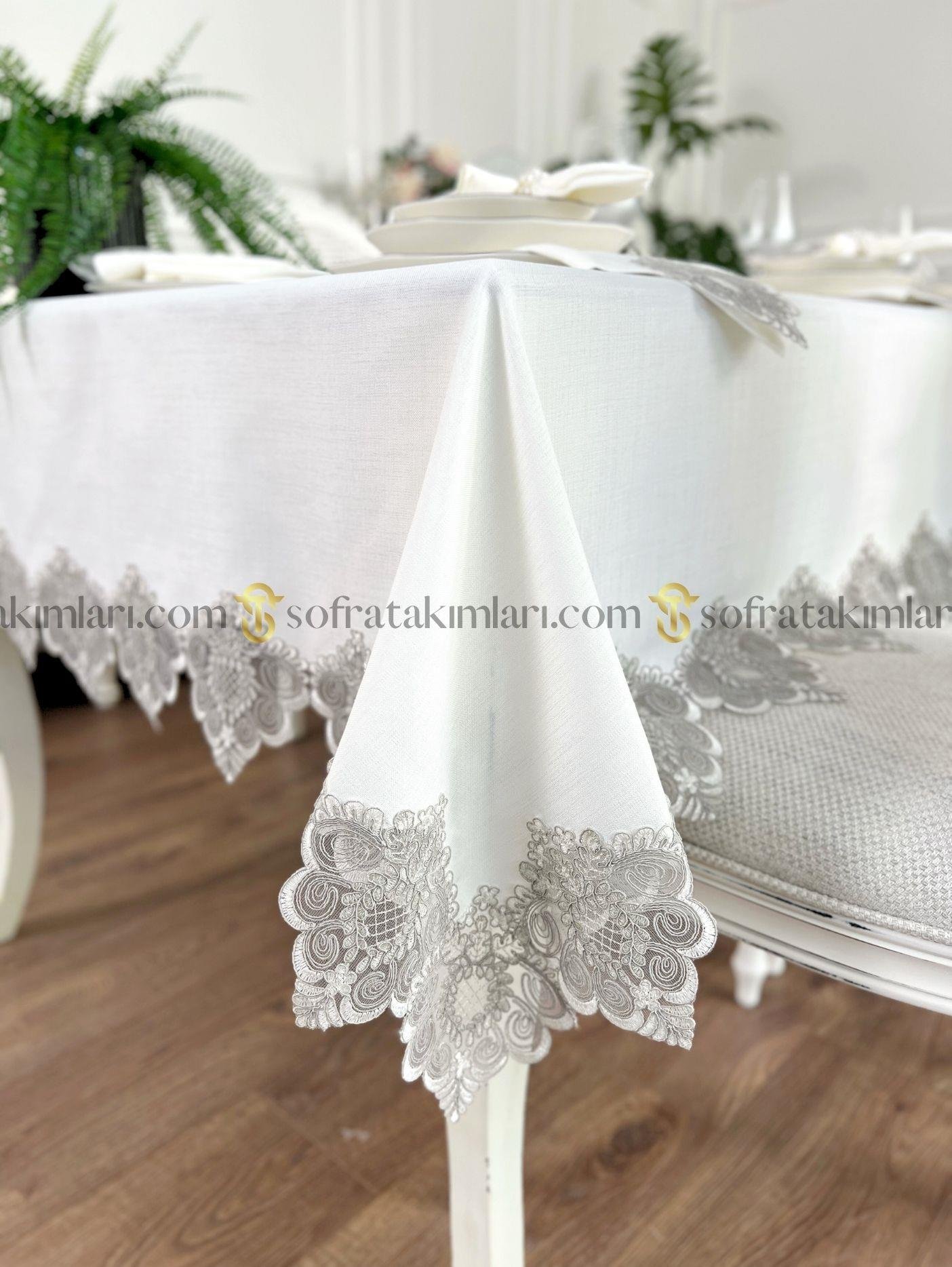 Valentino Model Lüx 38 Parça Sofra Takımı Amerikan Servisli Set - Gri Dantelli - Kırık Beyaz Kumaş
