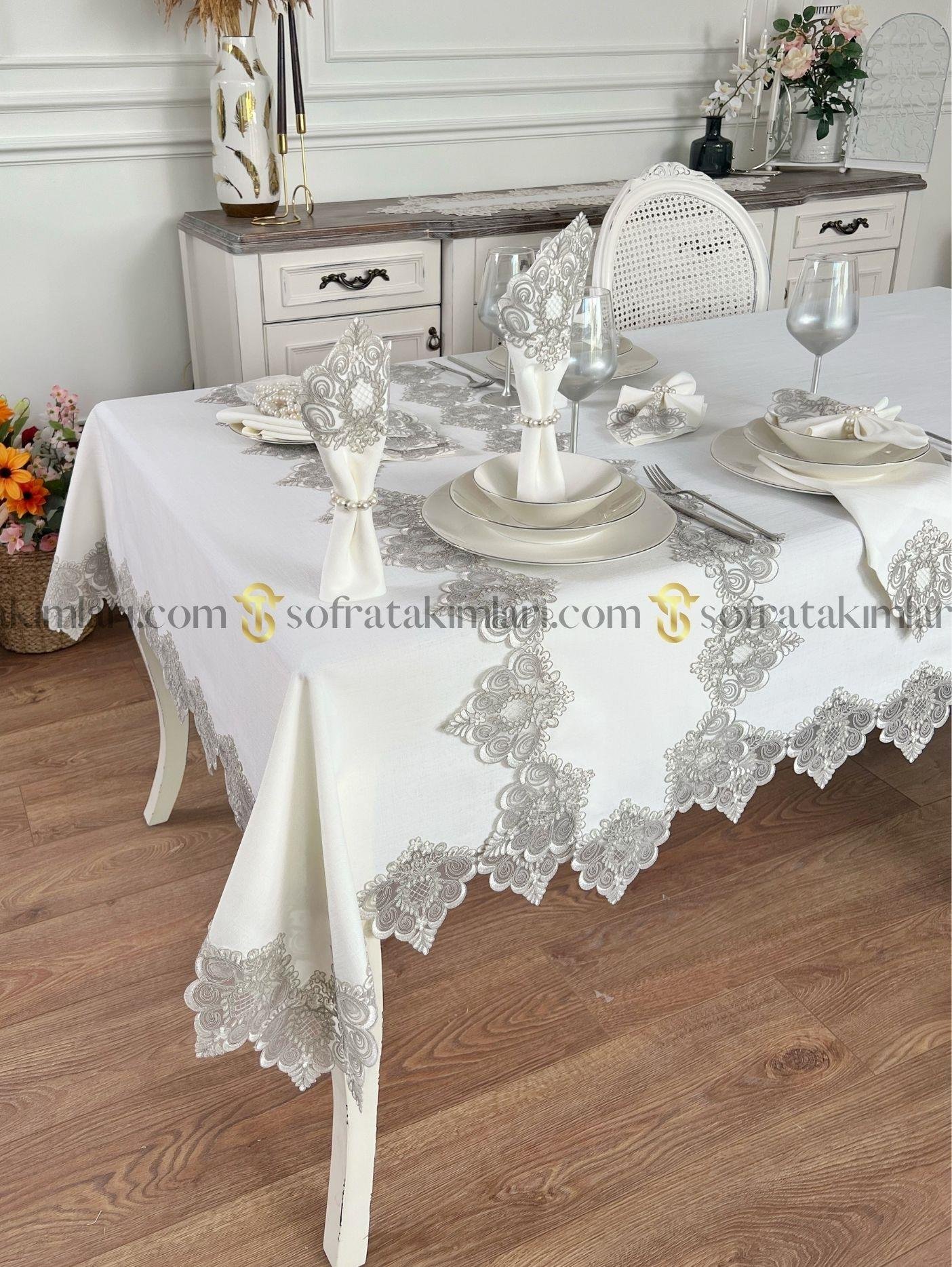Valentino Model Lüx 38 Parça Sofra Takımı Amerikan Servisli Set - Gri Dantelli - Kırık Beyaz Kumaş