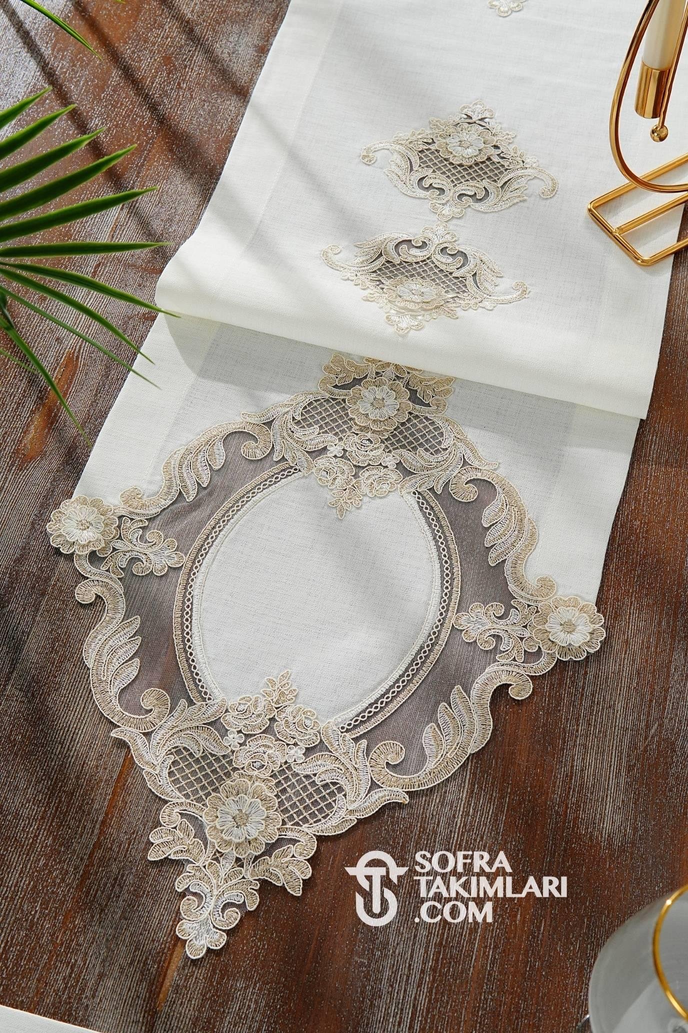 Victoria Model Amerikan Servis Seti -  Gold Dantel - Kırık Beyaz Kumaş