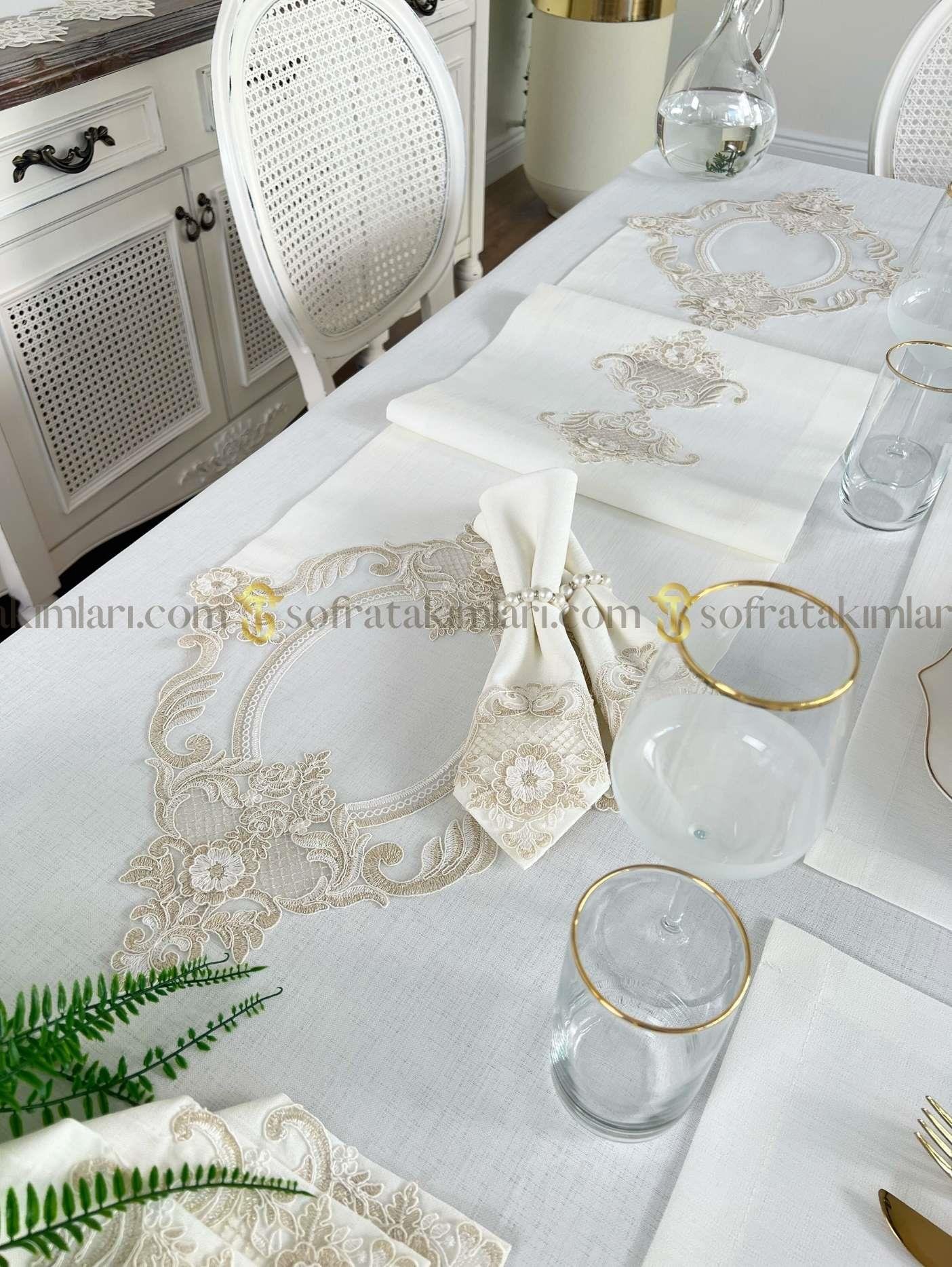 Victoria Model Eko Sofra Takımı - 38 Parça Amerikan Servisli Set - Gold Dantelli - Kırık Beyaz Keten Kumaş