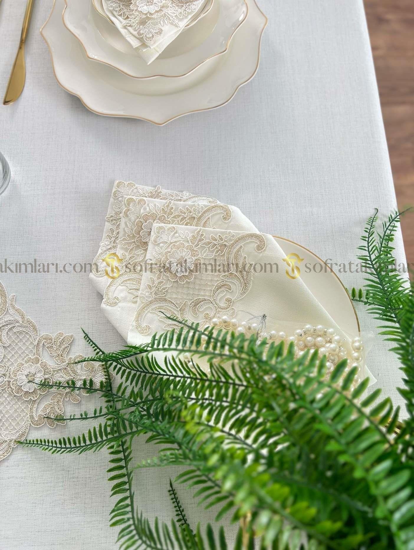 Victoria Model Eko Sofra Takımı - 38 Parça Amerikan Servisli Set - Gold Dantelli - Kırık Beyaz Keten Kumaş