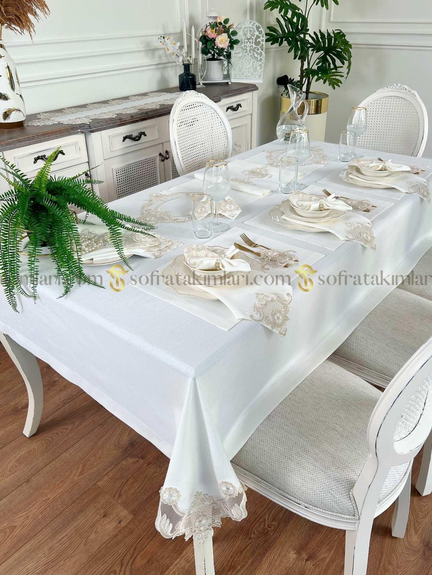 Victoria Model Eko Sofra Takımı - 38 Parça Amerikan Servisli Set - Gold Dantelli - Kırık Beyaz Keten Kumaş