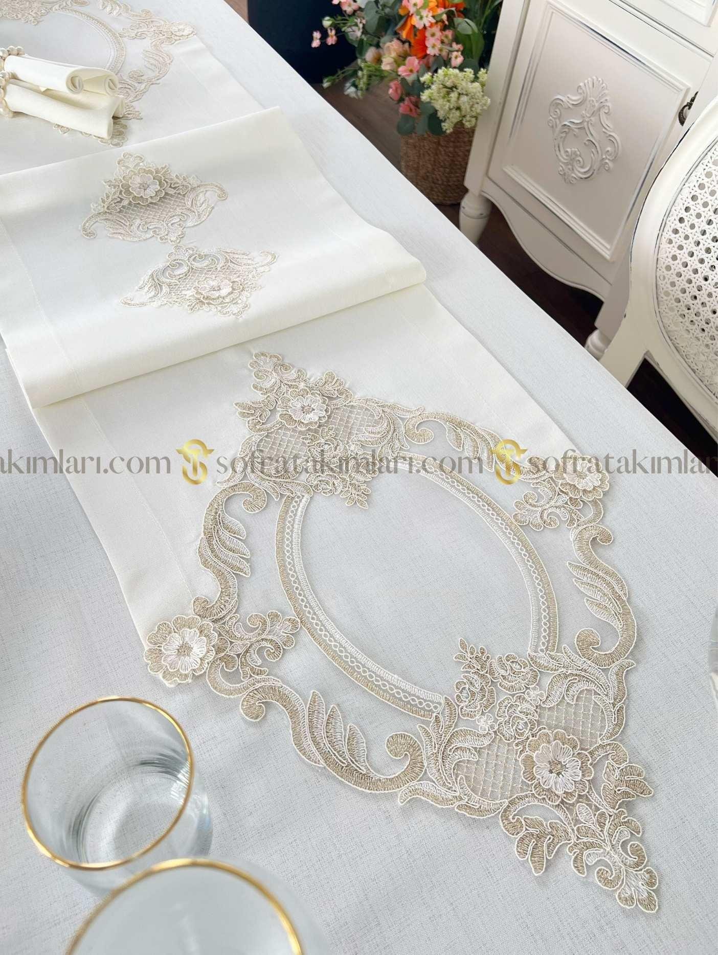 Victoria Model Eko Sofra Takımı - 38 Parça Amerikan Servisli Set - Gold Dantelli - Kırık Beyaz Keten Kumaş