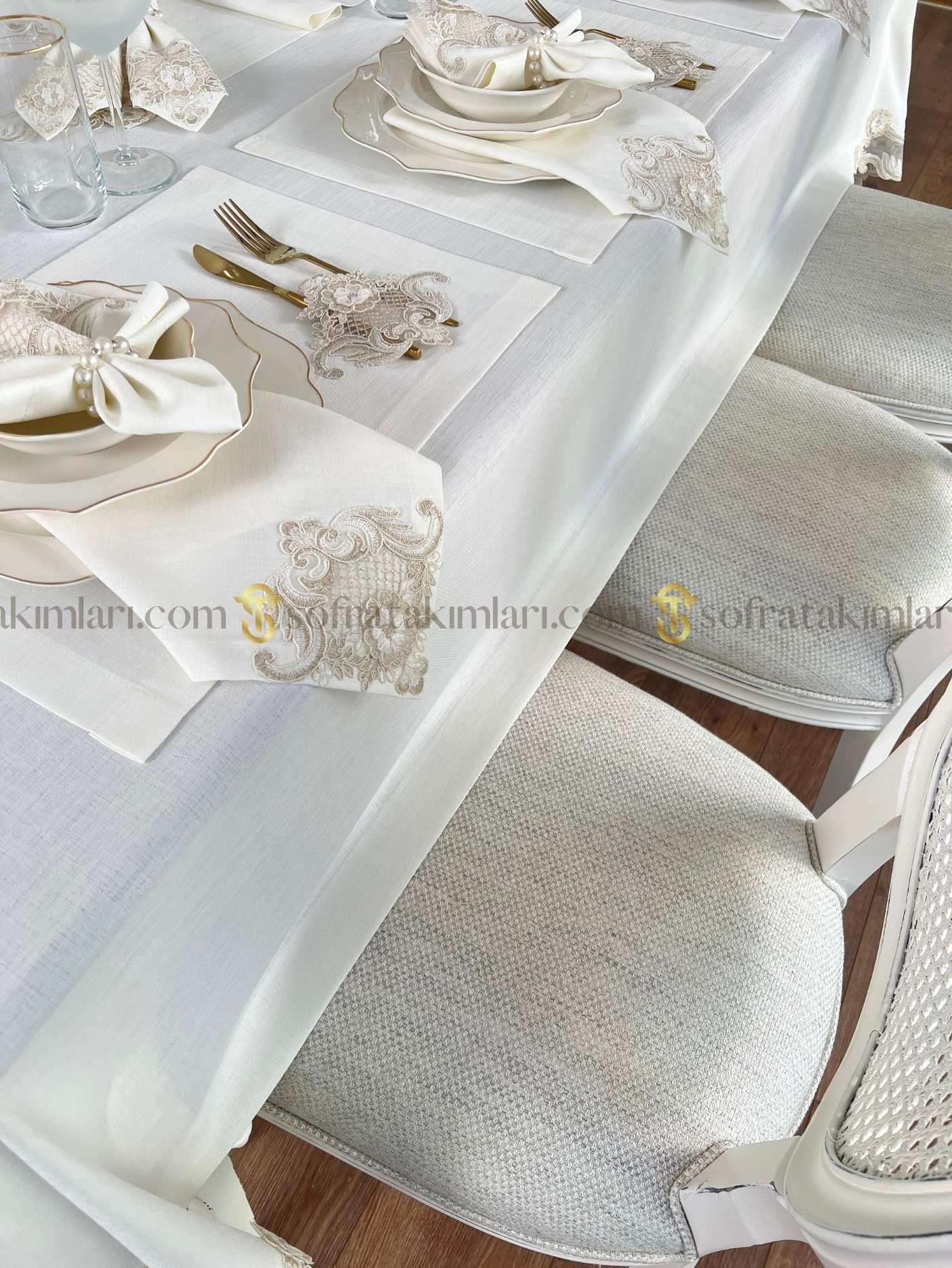Victoria Model Eko Sofra Takımı - 38 Parça Amerikan Servisli Set - Gold Dantelli - Kırık Beyaz Keten Kumaş