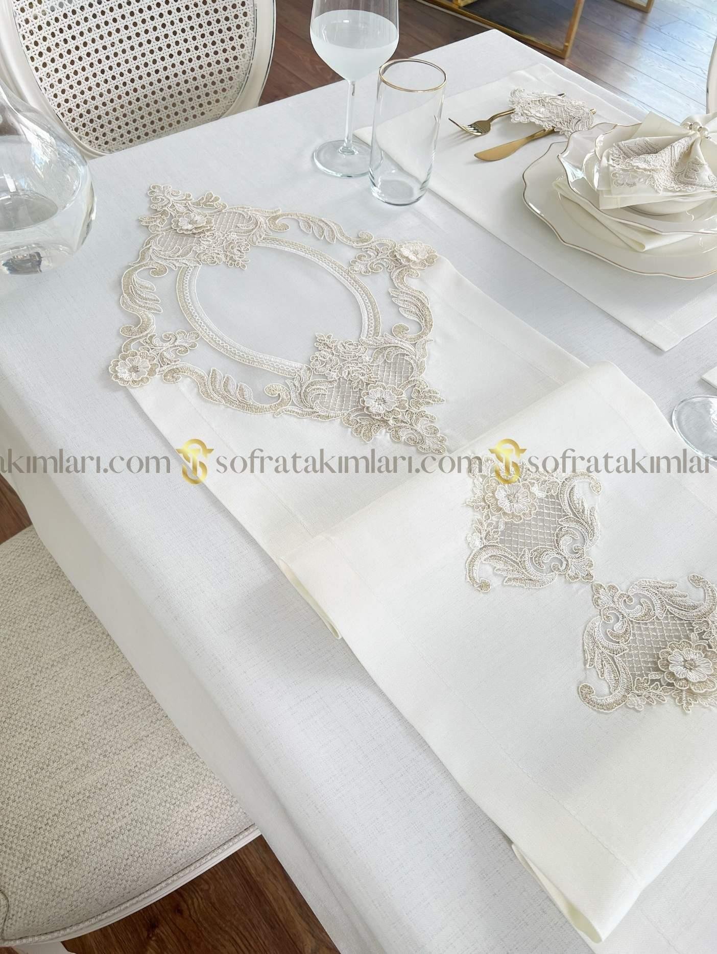 Victoria Model Eko Sofra Takımı - 38 Parça Amerikan Servisli Set - Gold Dantelli - Kırık Beyaz Keten Kumaş