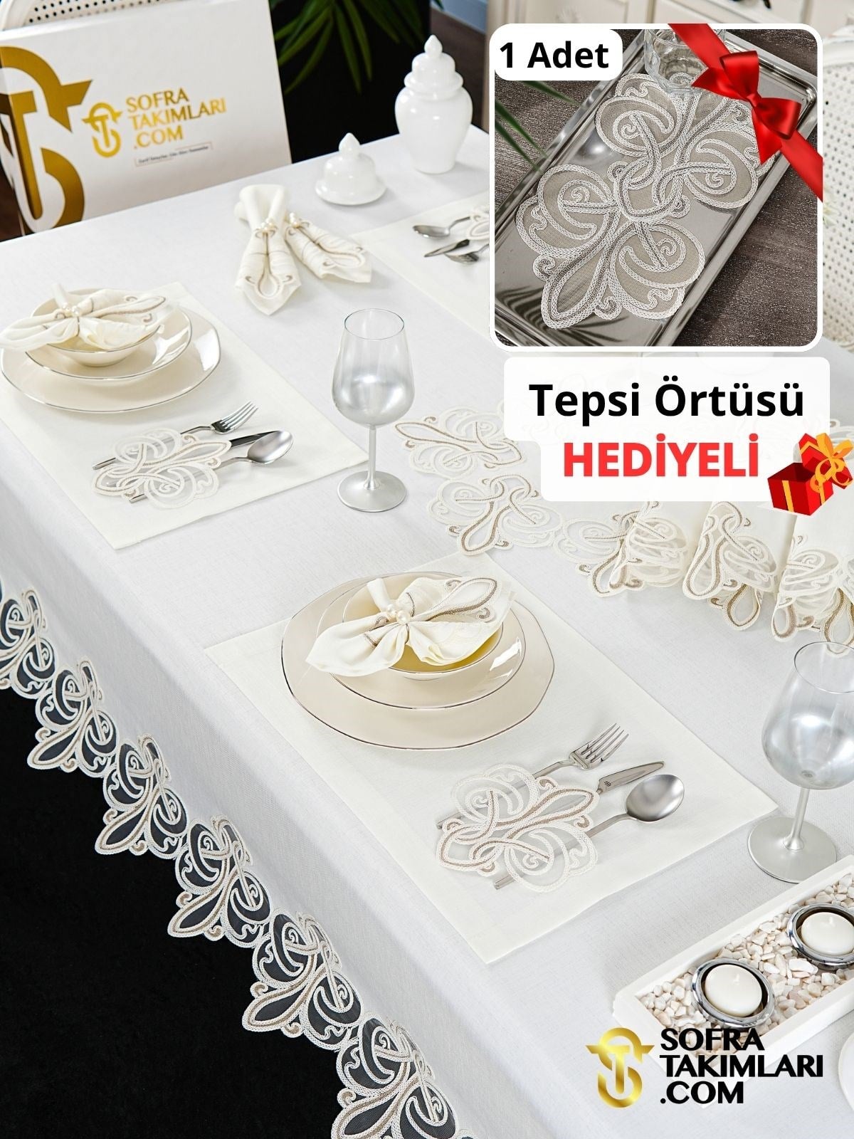 Viento Model Lüks Sofra Takımı 38 Parça Full Set - Kahve Dantel - Kırık Beyaz Keten Kumaş