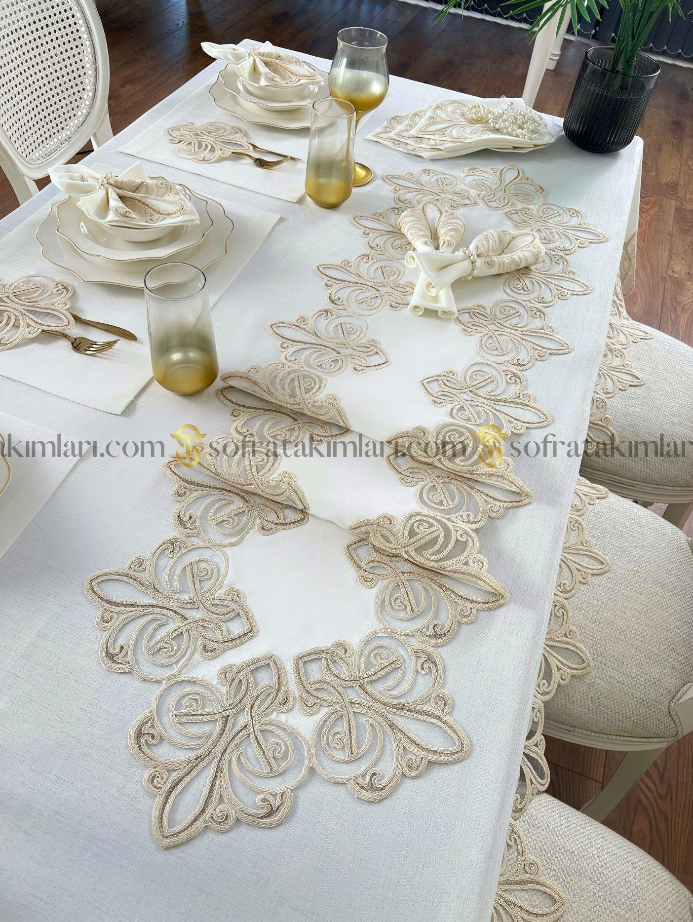 Viento Model Lüx 38 Parça Amerikan Servisli Set -Cappucino Dantelli -  Kırık Beyaz Keten Kumaş