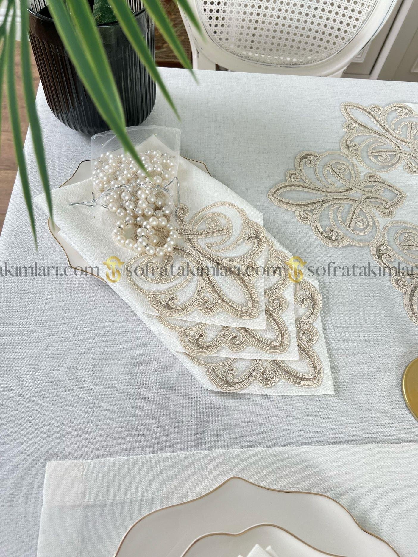 Viento Model Lüx 38 Parça Amerikan Servisli Set -Cappucino Dantelli -  Kırık Beyaz Keten Kumaş