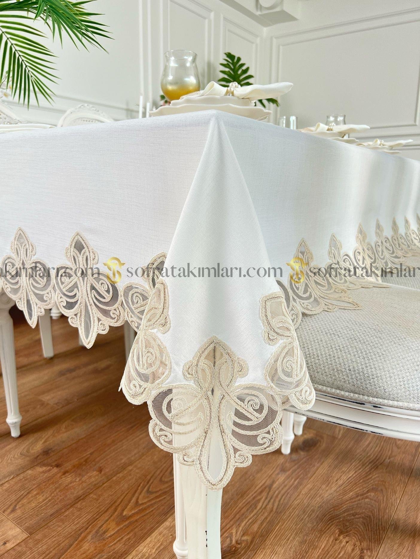Viento Model Lüx 38 Parça Amerikan Servisli Set -Cappucino Dantelli -  Kırık Beyaz Keten Kumaş