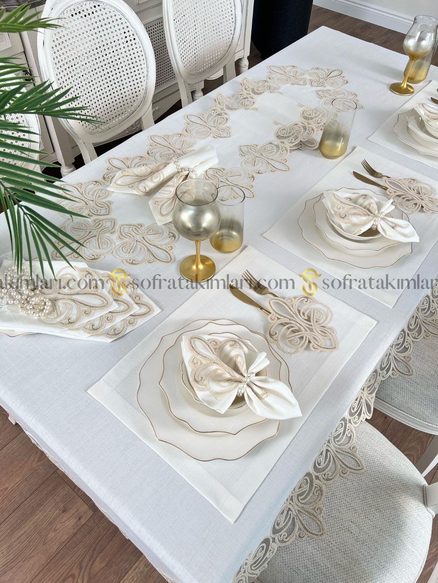 Viento Model Lüx 38 Parça Amerikan Servisli Set -Cappucino Dantelli -  Kırık Beyaz Keten Kumaş