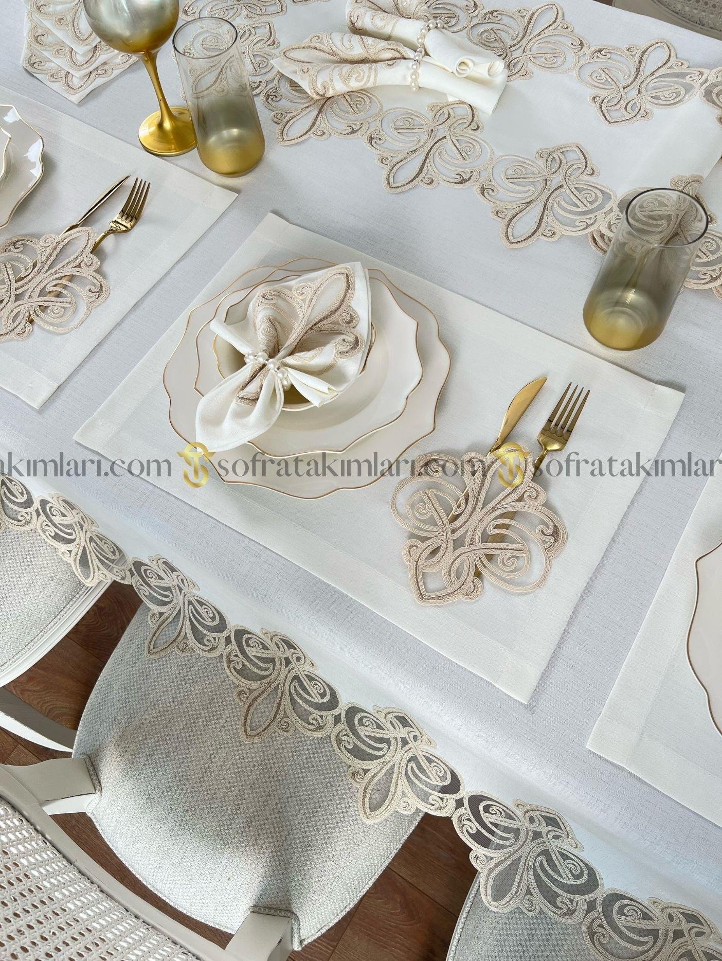 Viento Model Lüx 38 Parça Amerikan Servisli Set -Cappucino Dantelli -  Kırık Beyaz Keten Kumaş
