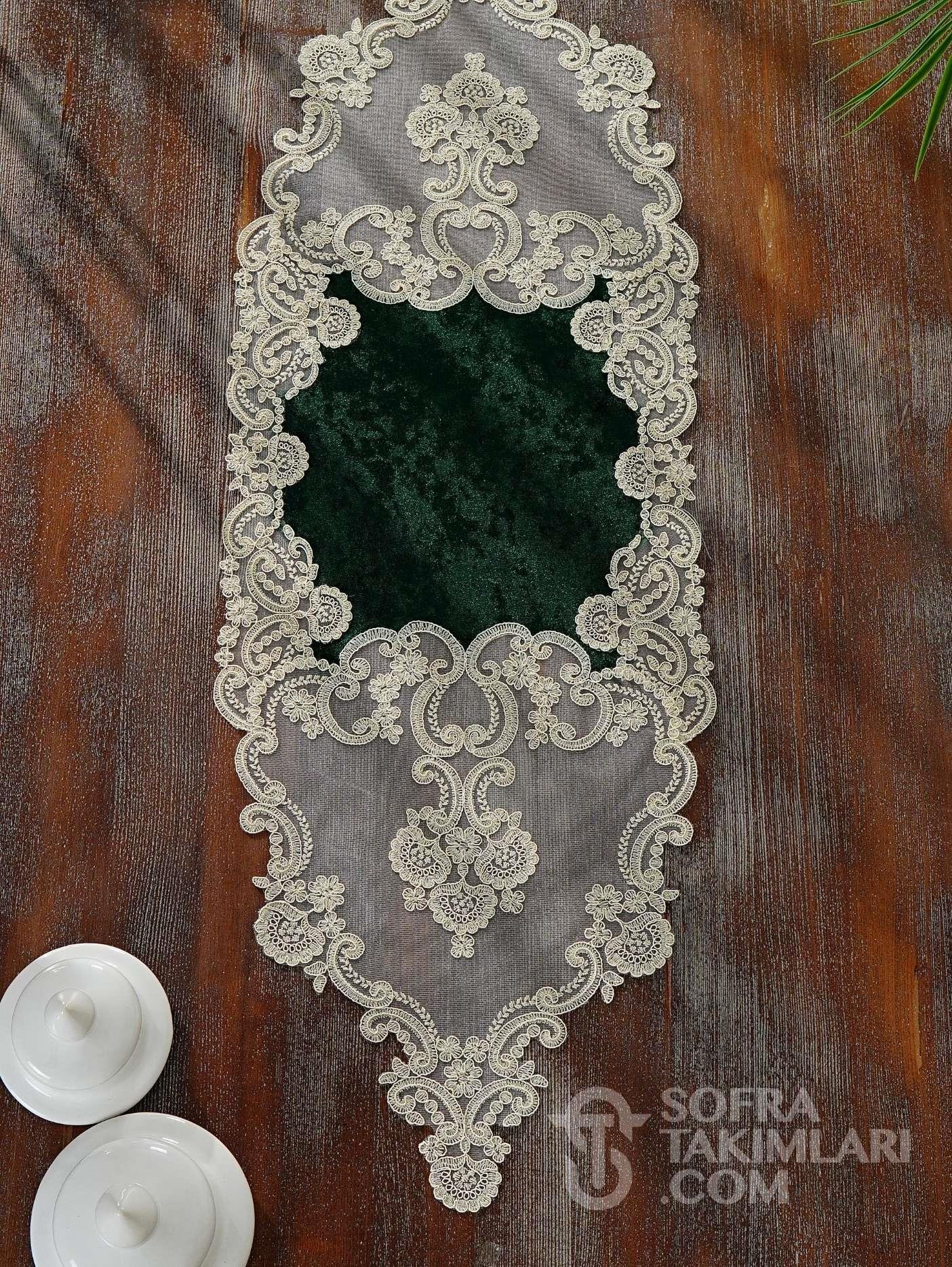 Vintage Kırık Beyaz Model 5 Parça Salon Örtü Takımı - Yeşil Kadife YYS