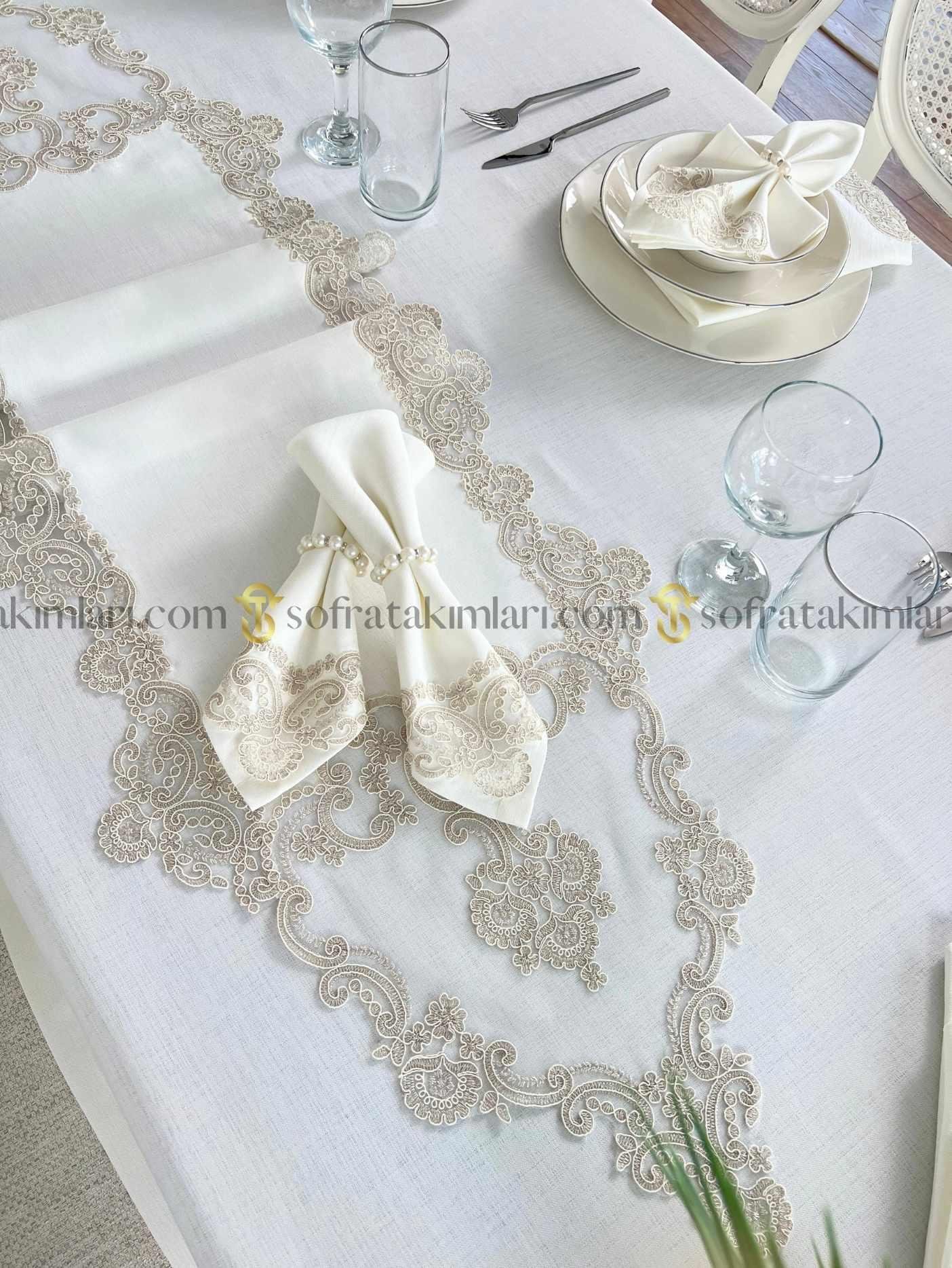 Vintage Model Eko 26 Parça Sofra Takımı Set - Cappucino Dantelli - Kırık Beyaz Kumaş