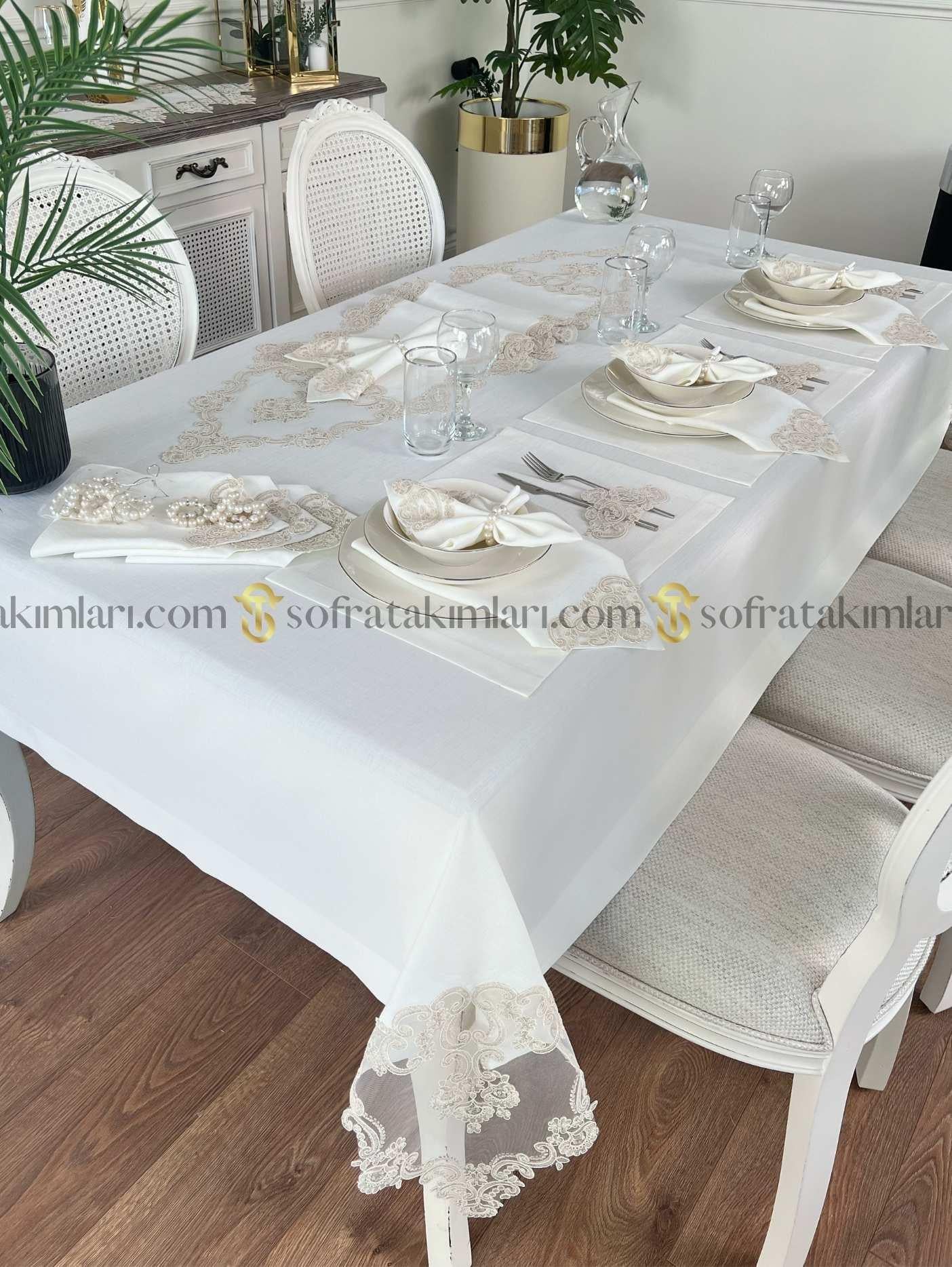 Vintage Model Eko 38 Parça Sofra Takımı Set - Cappucino Dantelli - Kırık Beyaz Kumaş