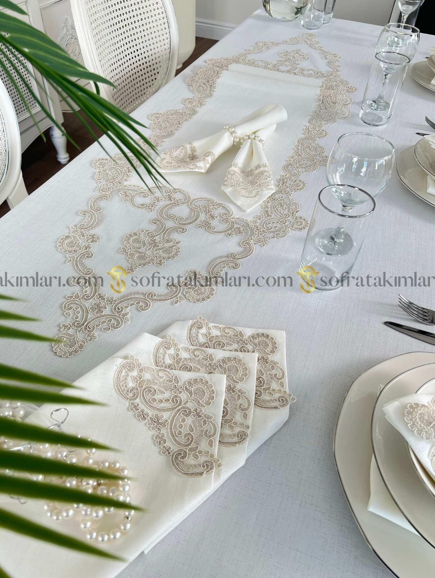 Vintage Model Lüx 26 Parça Sofra Takımı Set - Cappucino Dantelli - Kırık Beyaz Kumaş