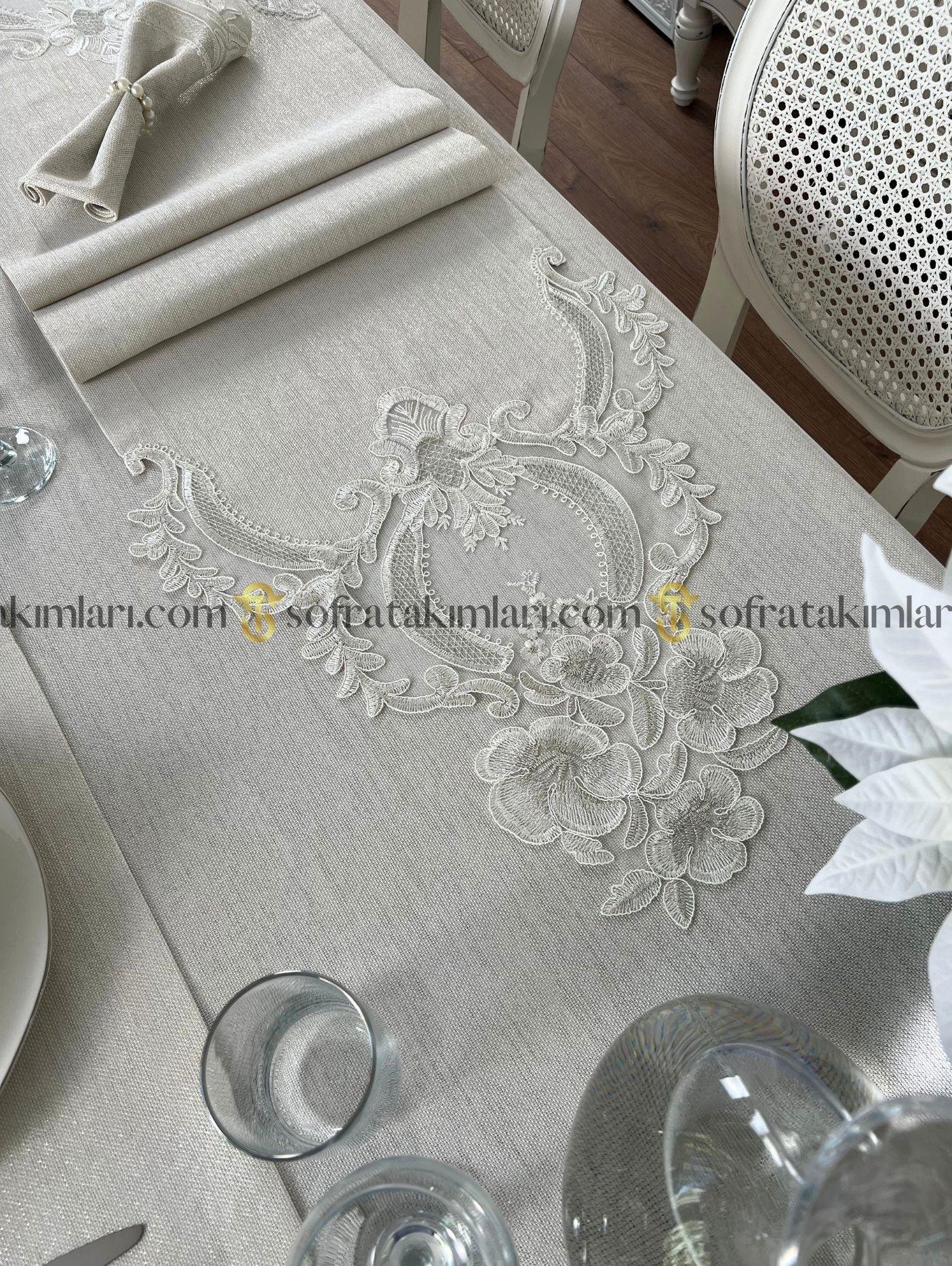 Zahira Model Eko Sofra Takımı 38 Parça Amerikan Servisli Set - Gümüş Dantelli - Işıltılı Taş Rengi Kumaş