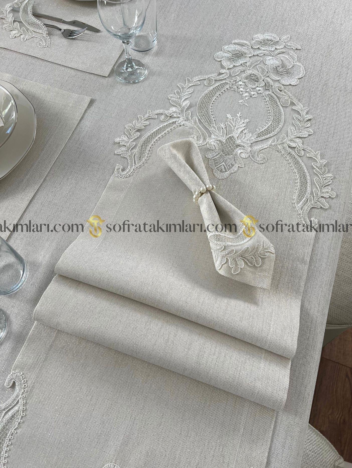 Zahira Model Eko Sofra Takımı 38 Parça Amerikan Servisli Set - Gümüş Dantelli - Işıltılı Taş Rengi Kumaş
