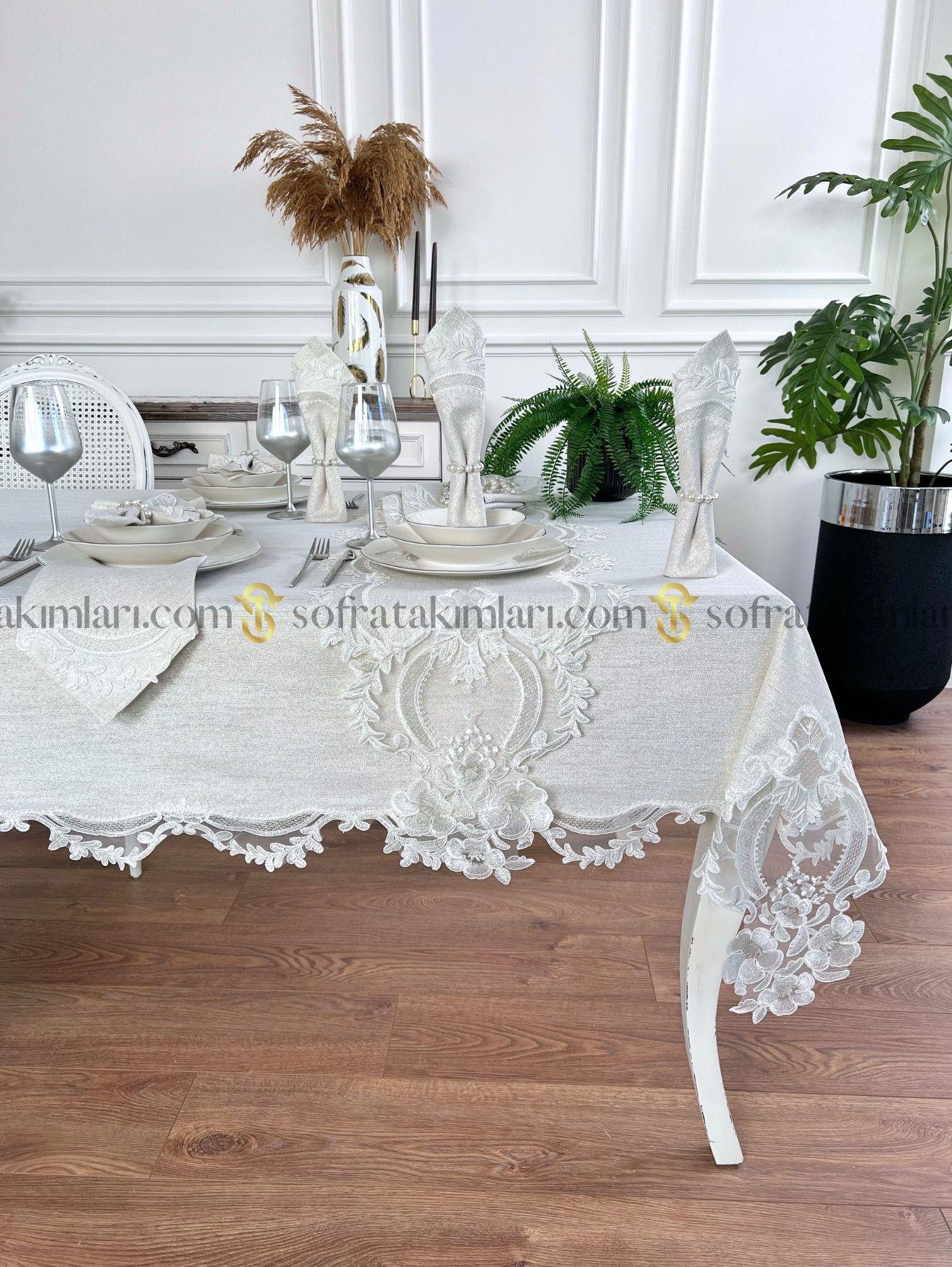 Zahira Model Lüx Sofra Takımı 26 Parça Set - Gümüş Dantelli - Işıltılı Taş Rengi Kumaş