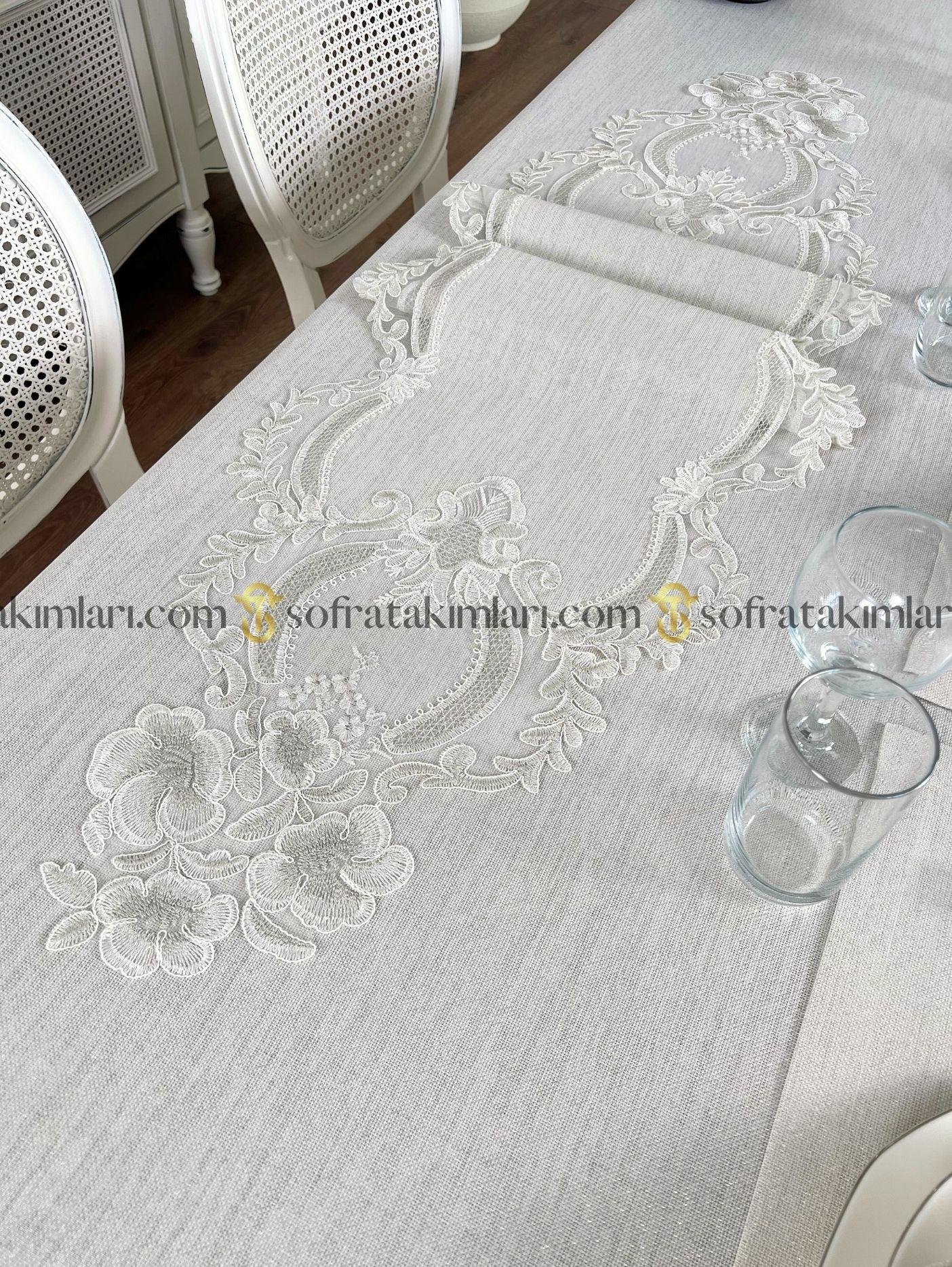 Zahira Model Lüx Sofra Takımı 38 Parça Amerikan Servisli Set - Gümüş Dantelli - Işıltılı Taş Rengi Kumaş