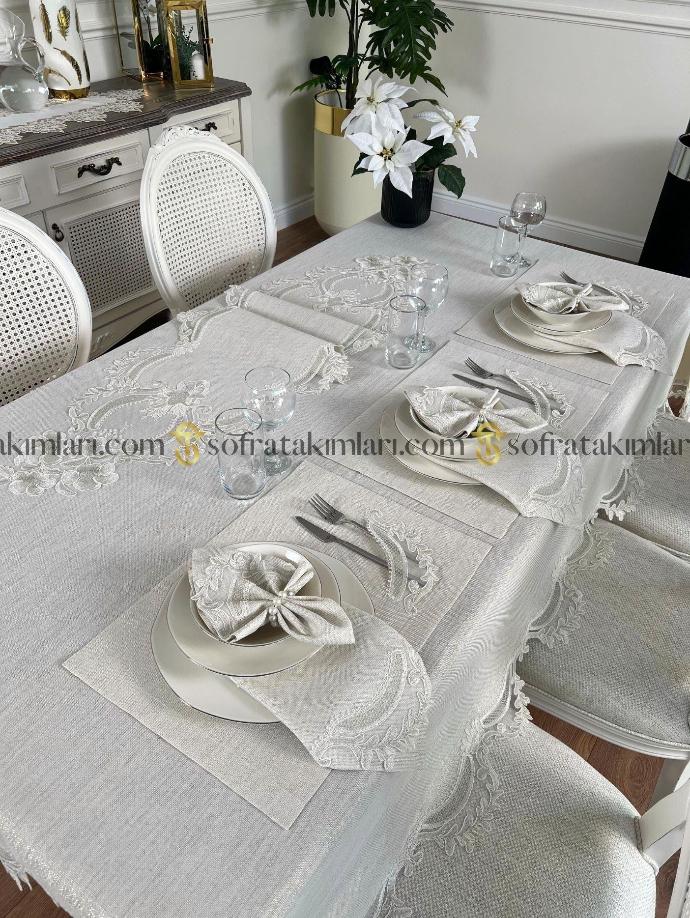 Zahira Model Lüx Sofra Takımı 38 Parça Amerikan Servisli Set - Gümüş Dantelli - Işıltılı Taş Rengi Kumaş