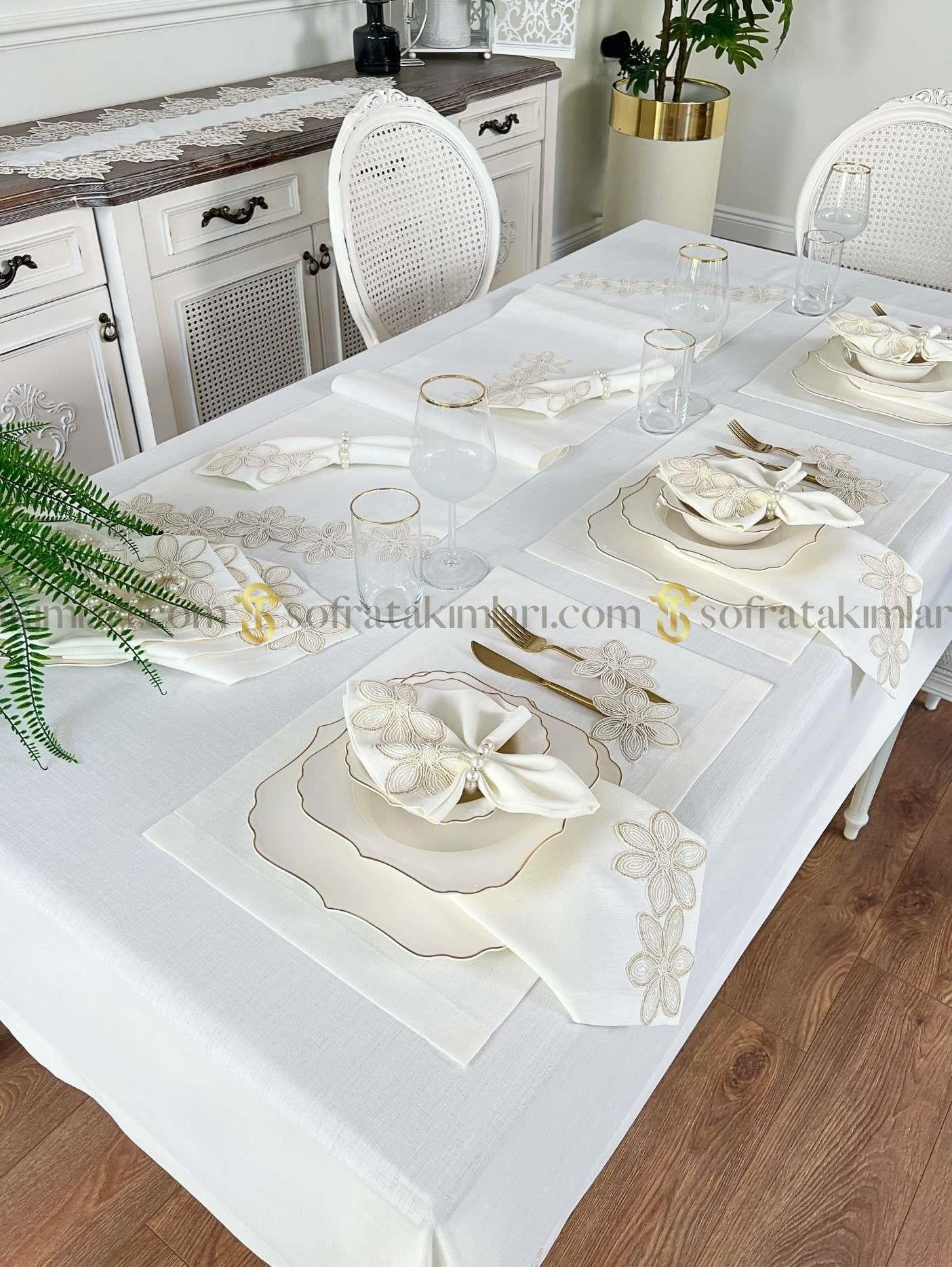 Zenya Model Eko Sofra Takımı - 38 Parça Amerikan Servisli Set - Gold Dantelli - Kırık Beyaz Kumaş