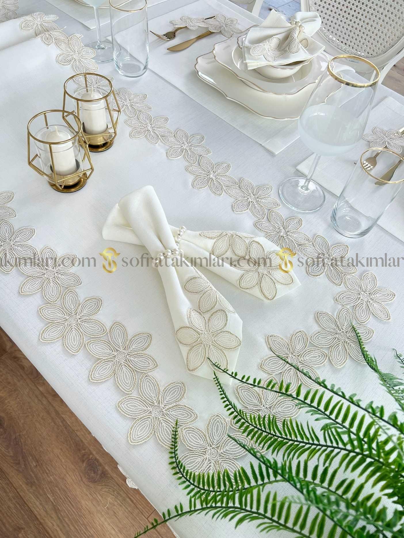 Zenya Model Lüx Sofra Takımı - 38 Parça Amerikan Servisli Set - Gold Dantelli - Kırık Beyaz Kumaş