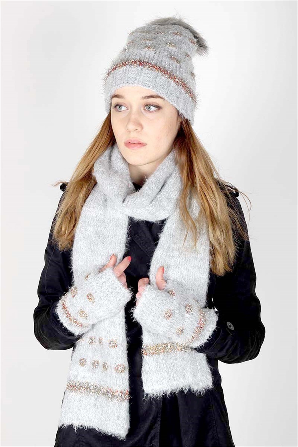  Exclusive Serisi Soft Kadın Atkı Bere Eldiven Takımı 30201 - Gri