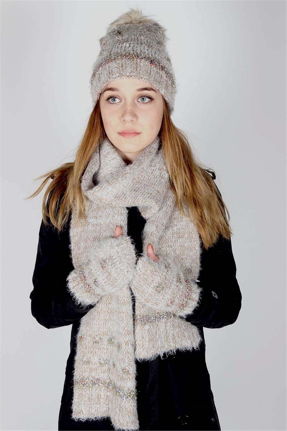  Exclusive Serisi Soft Kadın Atkı Bere Eldiven Takımı 30201 - Bej