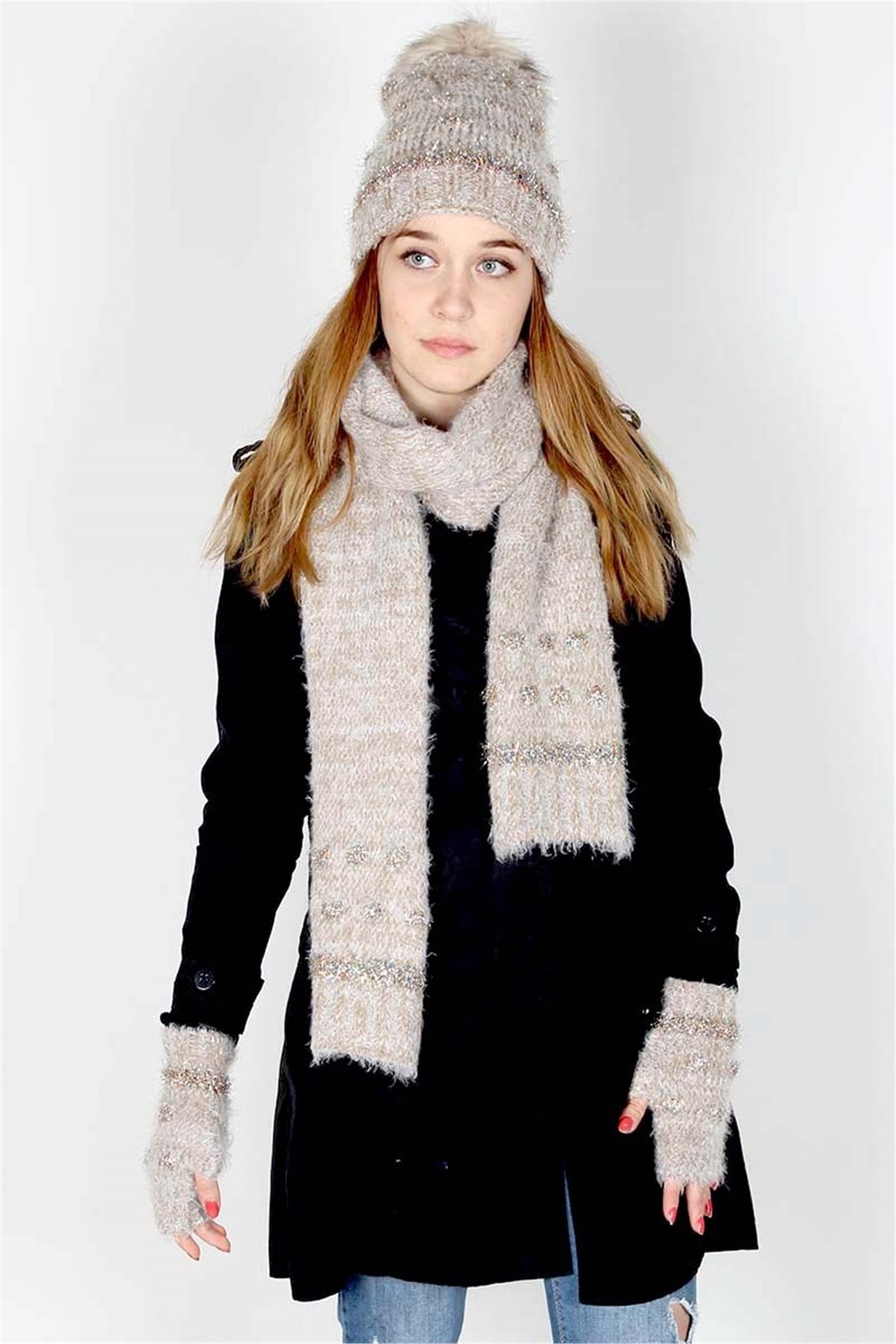  Exclusive Serisi Soft Kadın Atkı Bere Eldiven Takımı 30201 - Bej