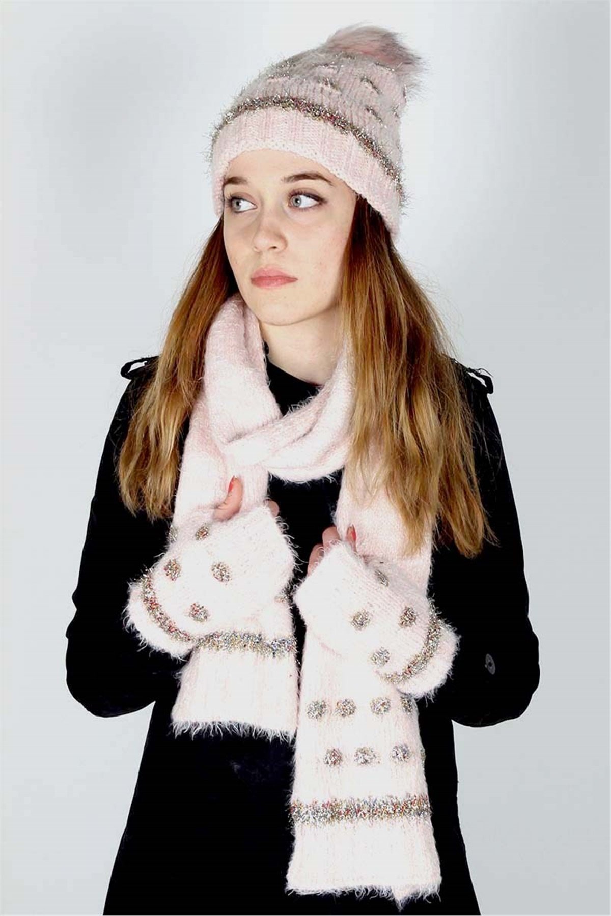  Exclusive Serisi Soft Kadın Atkı Bere Eldiven Takımı 30201 - Pembe