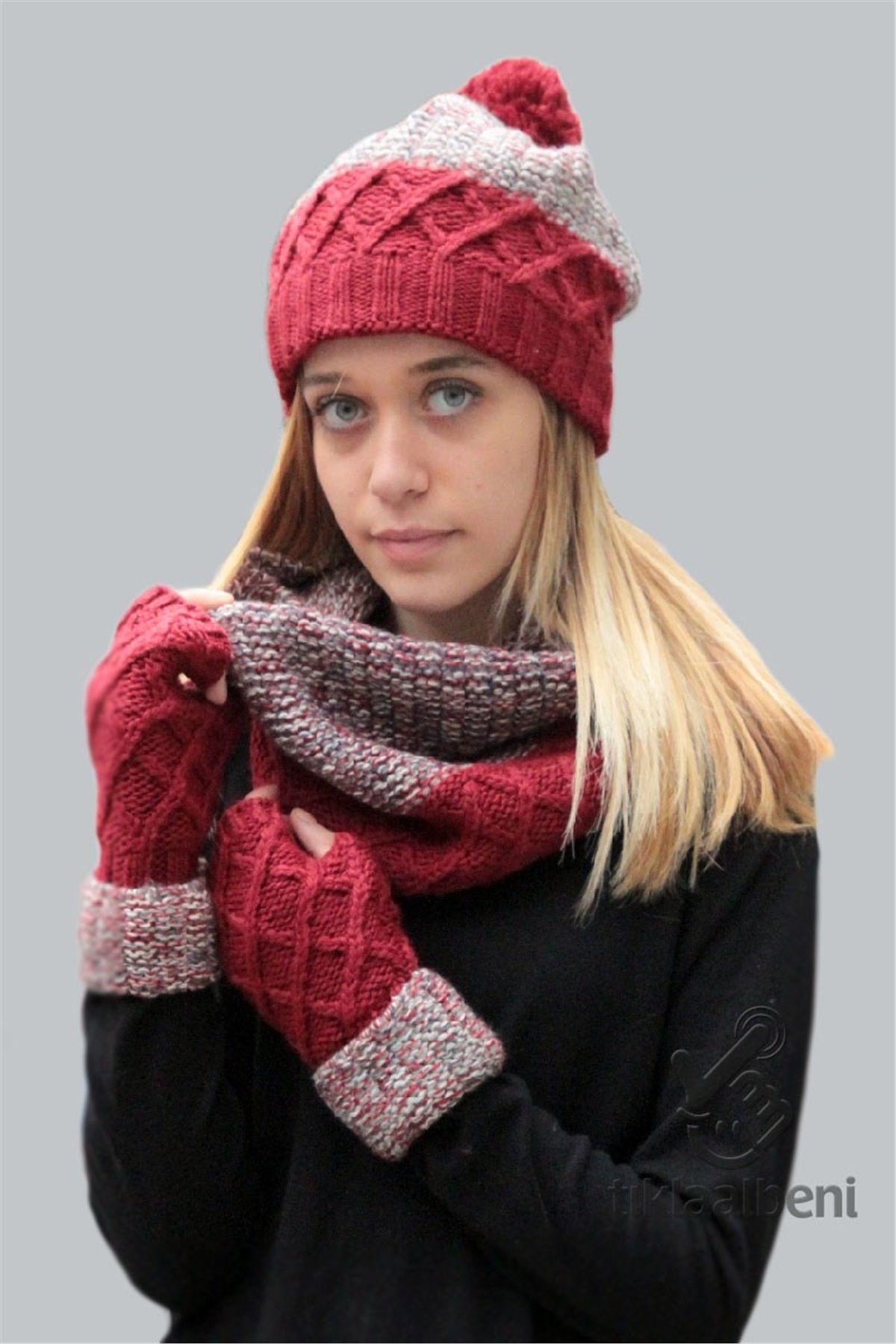 Bayan Boyunluk Bere Eldiven Takımı - Klara 13067 - Kırmızı