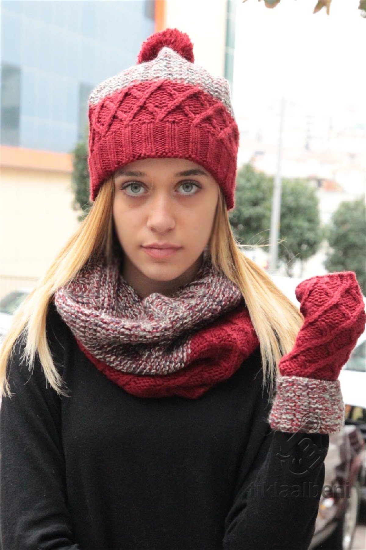 Bayan Boyunluk Bere Eldiven Takımı - Klara 13067 - Kırmızı