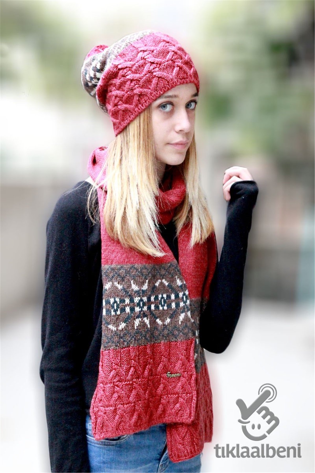 Bayan Atkı Bere İkili Takım - Bej - Fonem 13555-2