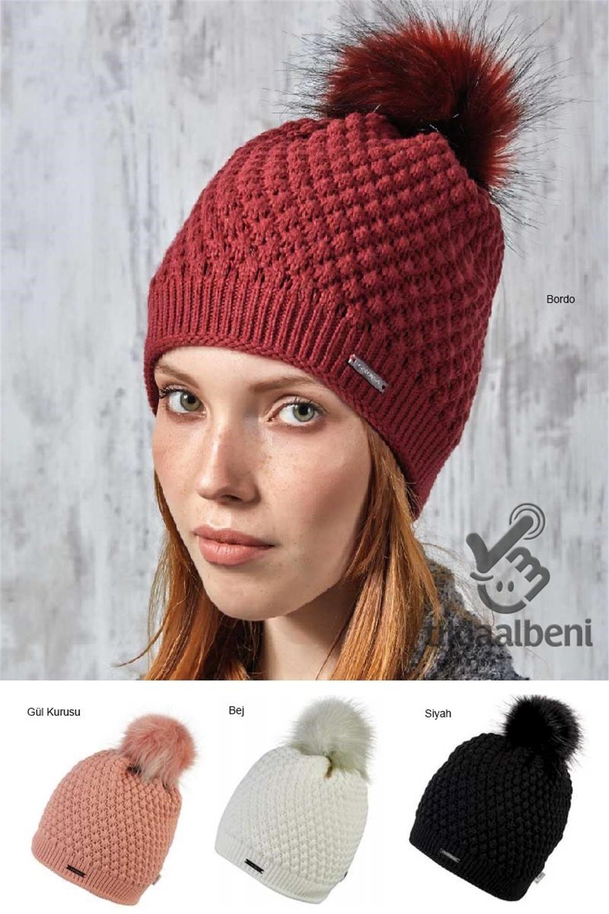 Ponponlu Kabartma Desenli Bayan Bere Groppa 51621 - Bordo