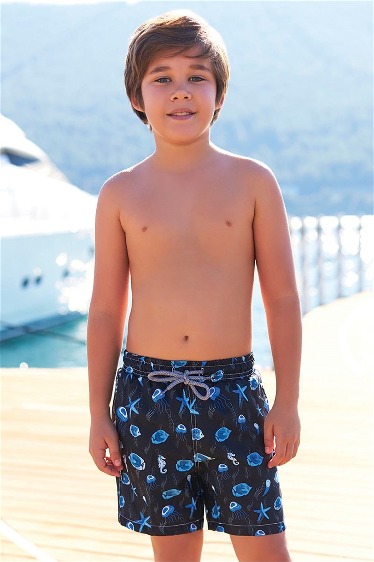 3-12 Yaş Deniz Kabuklu Çocuk Havuz Şortu G1157 - Koyu Lacivert 