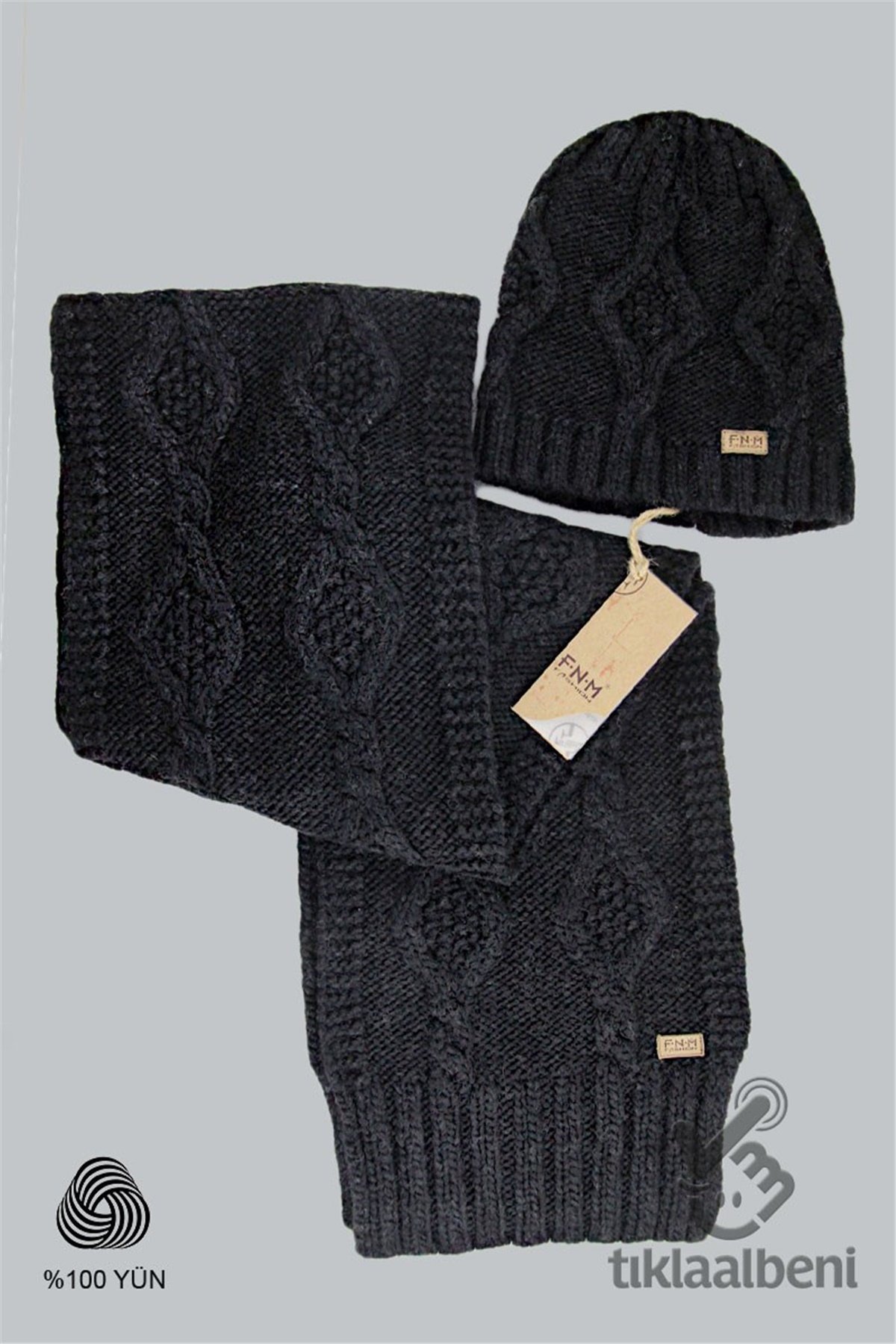 %100 Yün Erkek Atkı Bere Takımı - Siyah - Brando 13533