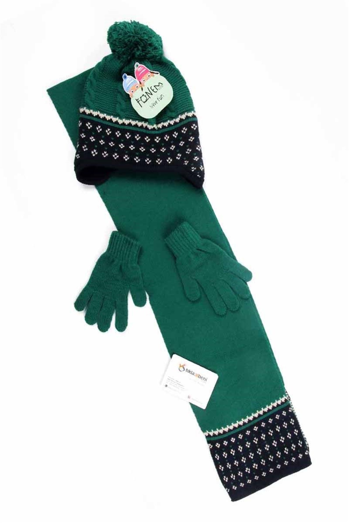 4-7 Yaş Unisex Yeşil Çocuk Atkı Bere Eldiven Takımı - 5096