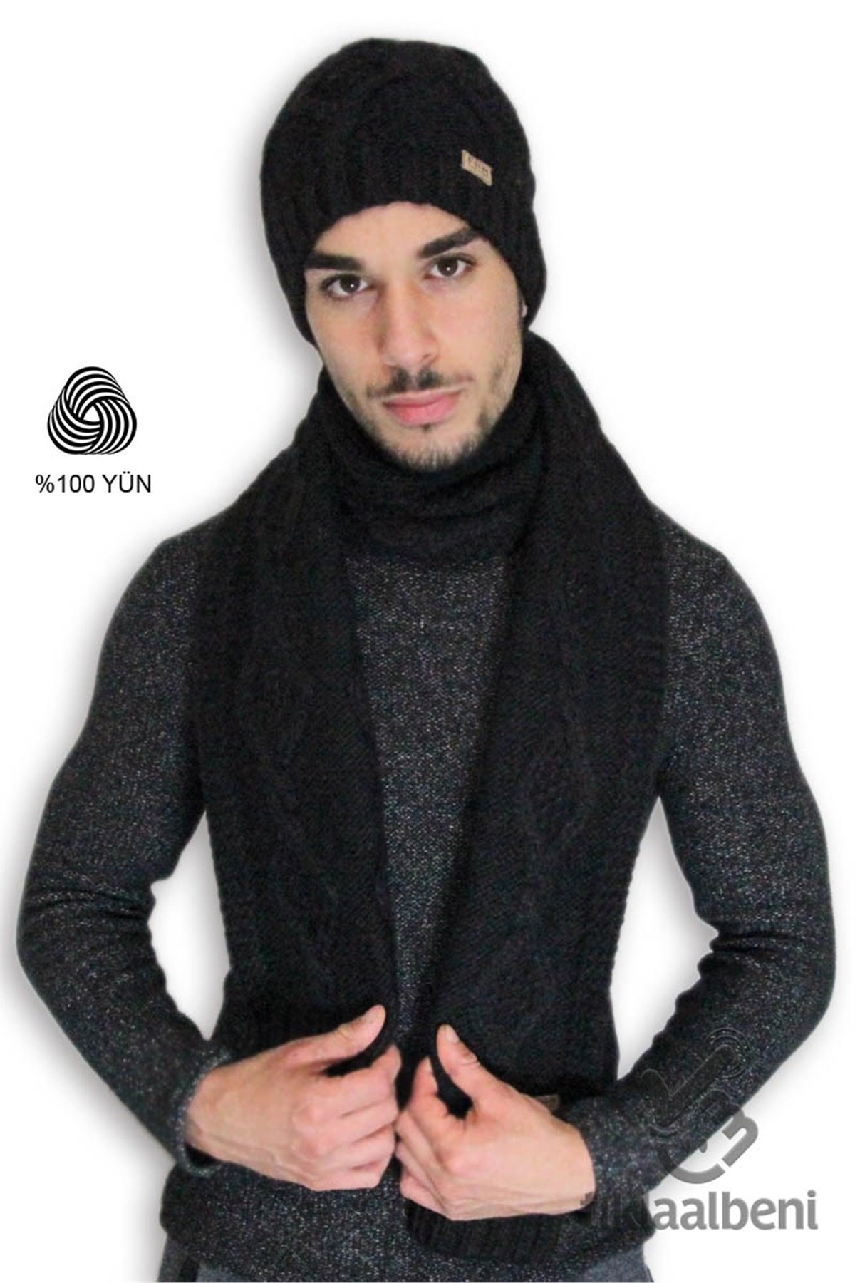 %100 Yün Erkek Atkı Bere Takımı - Siyah - Brando 13533