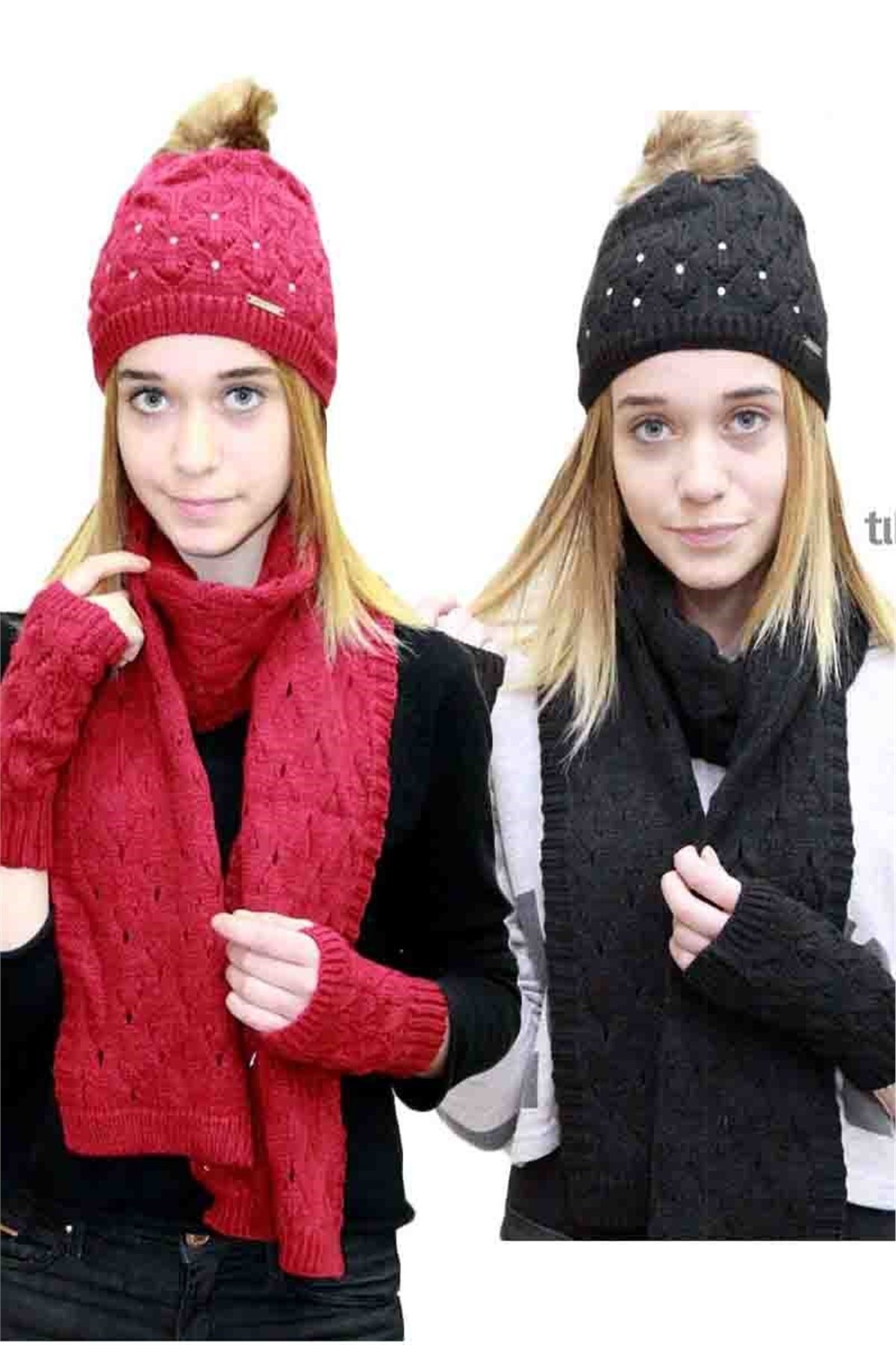 Groppa 1601 Bayan Atkı Bere Eldiven Takımı - Siyah