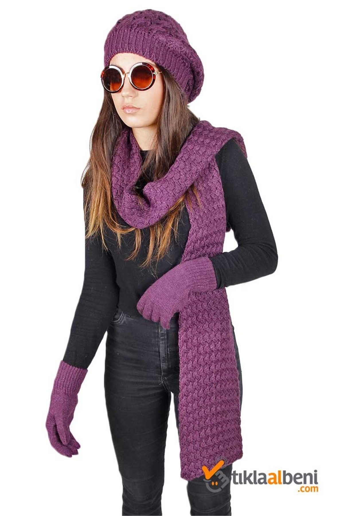 Ada Kadın Atkı Bere Eldiven Takımı GT-502 Mor