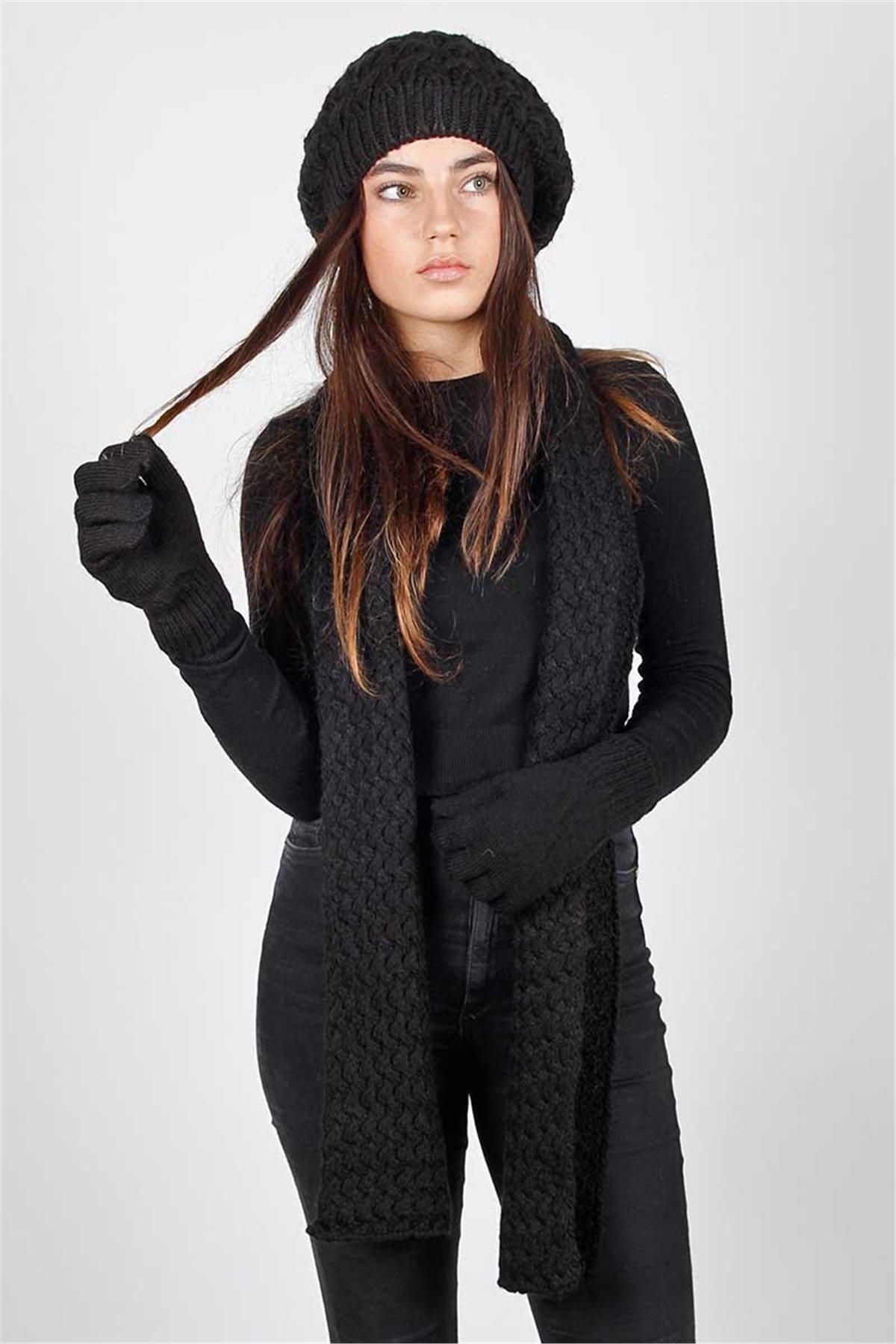 Ada Kadın Atkı Bere Eldiven Takımı GT-502 Siyah