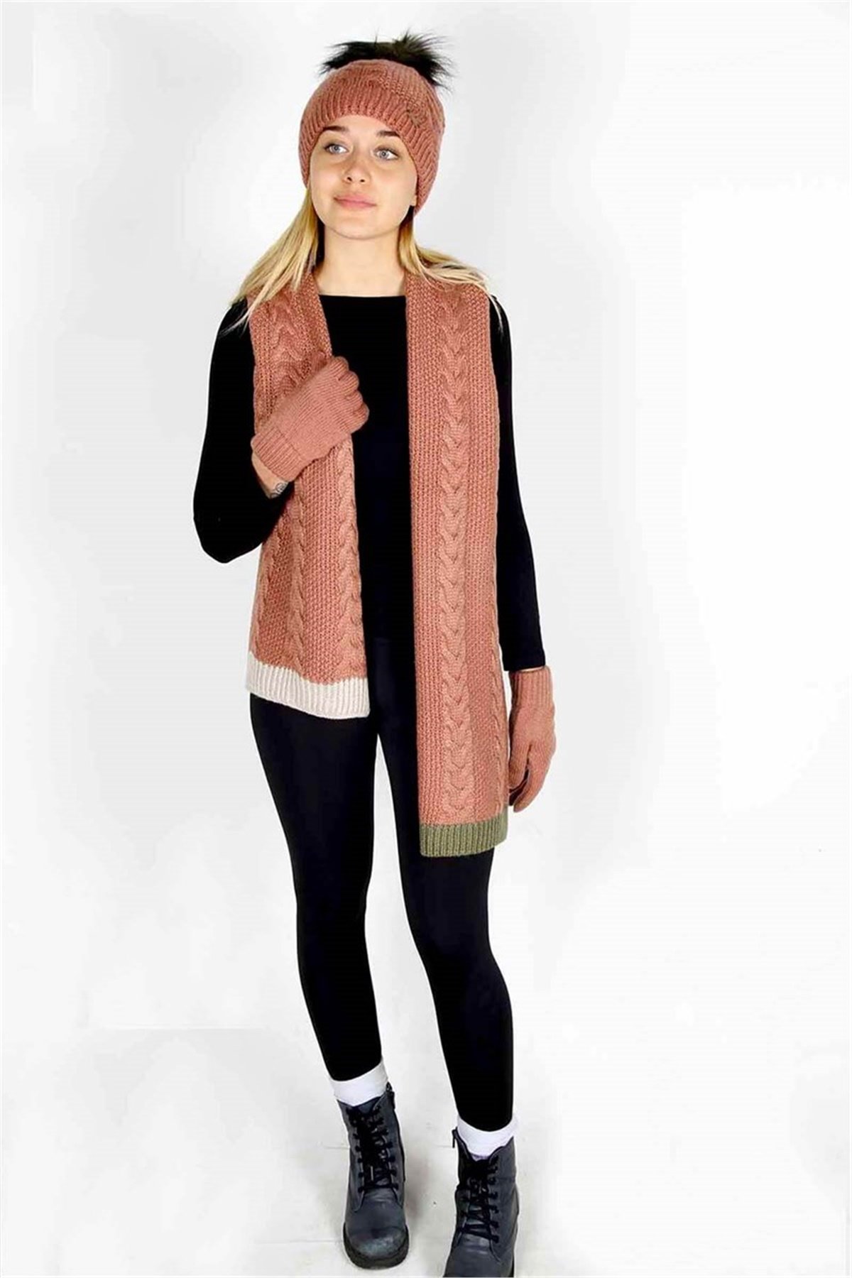 Angel Atkı Gül Kurusu Bere Eldiven Takımı 3071-5