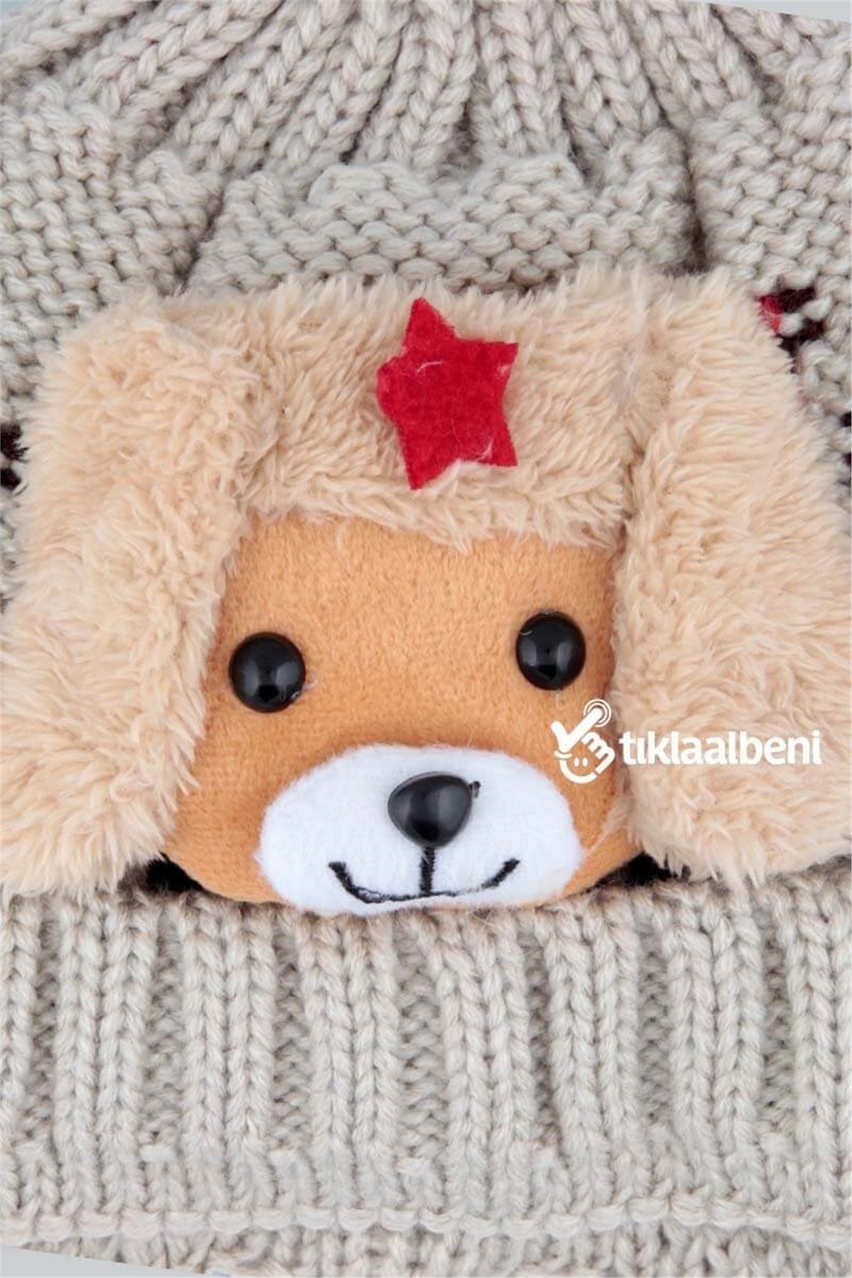 Ayıcıklı Bebek Bere Boyunluk Eldiven Takım SV-55604 - Bej