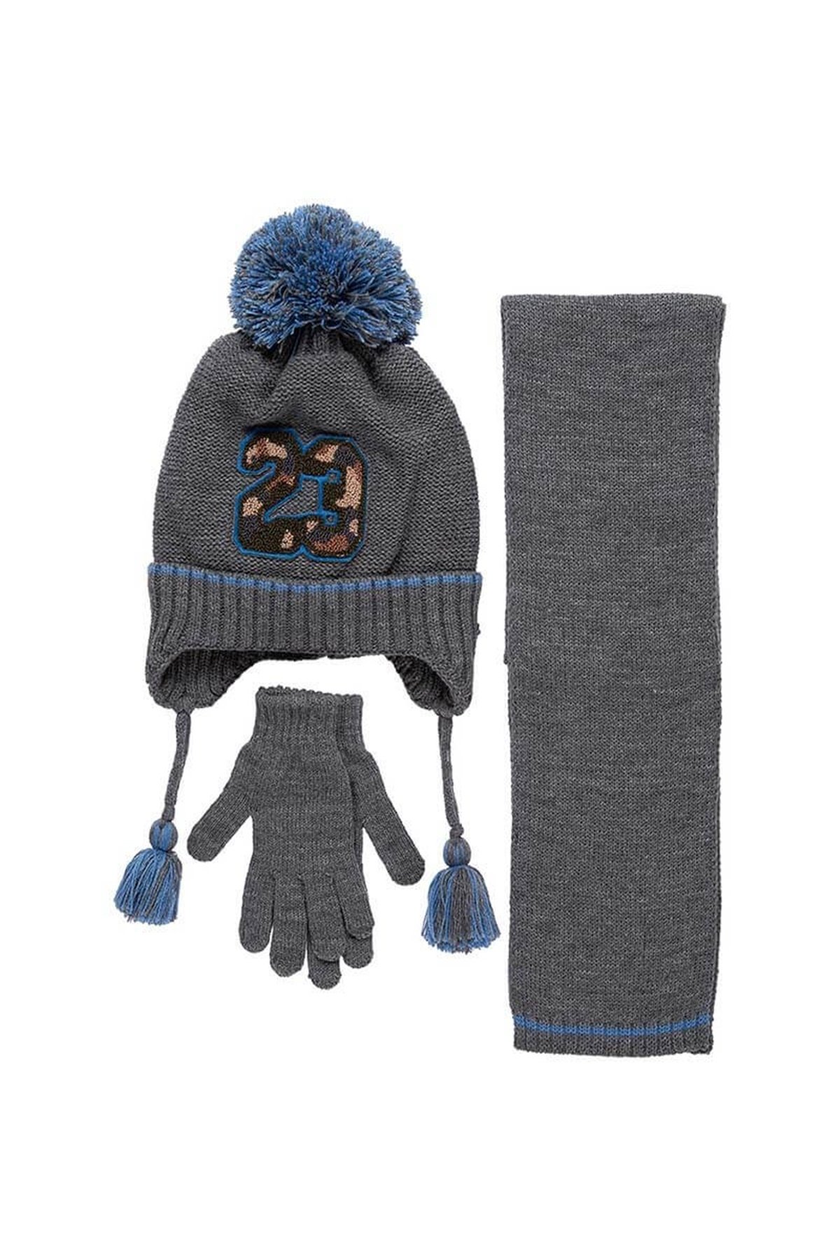 Bağlamalı Gri Erkek Çocuk Atkı Bere Eldiven - K9948
