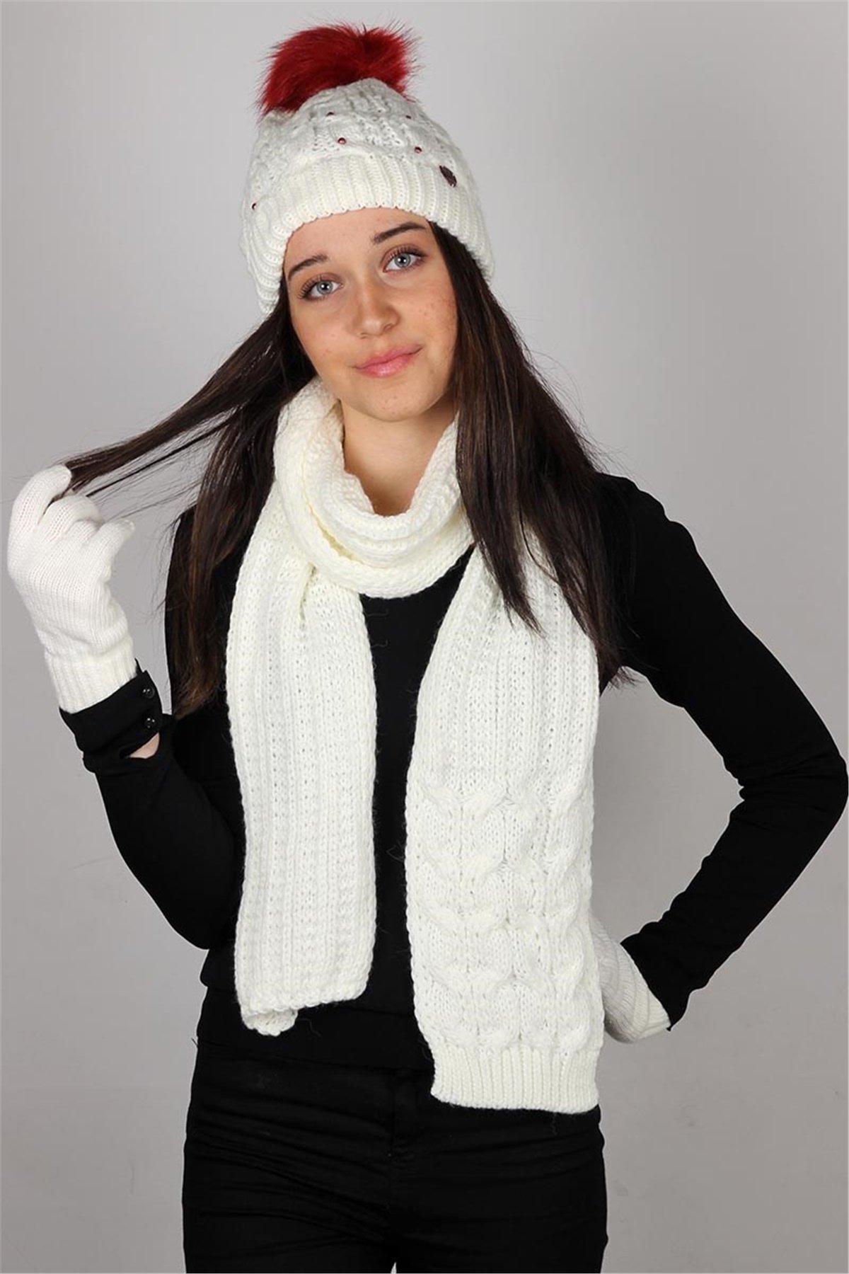 Bayan Atkı Bere Eldiven Üçlü Set - Beyaz