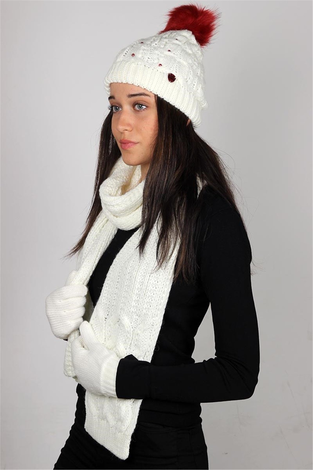 Bayan Atkı Bere Eldiven Üçlü Set - Beyaz