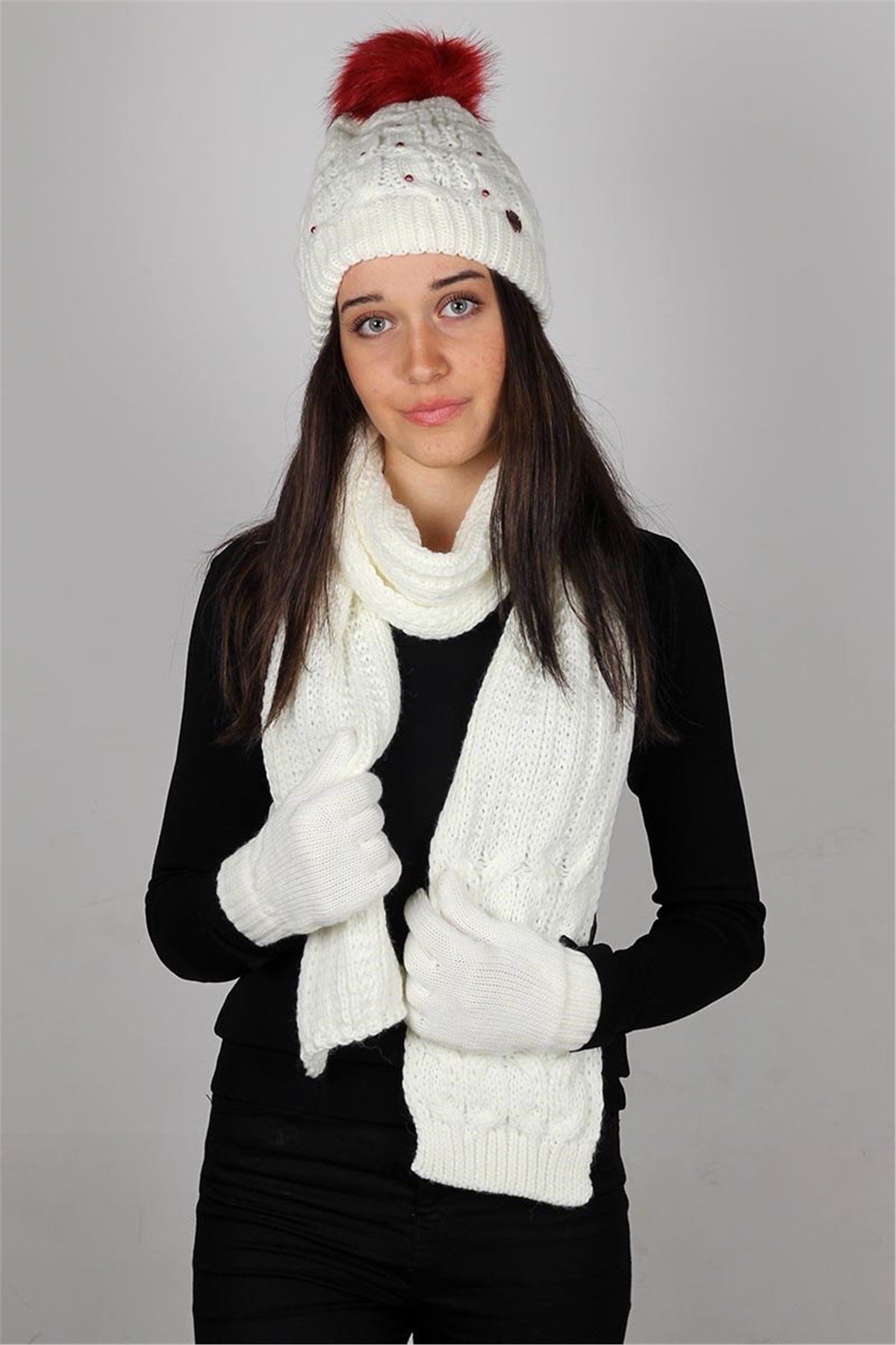 Bayan Atkı Bere Eldiven Üçlü Set - Beyaz