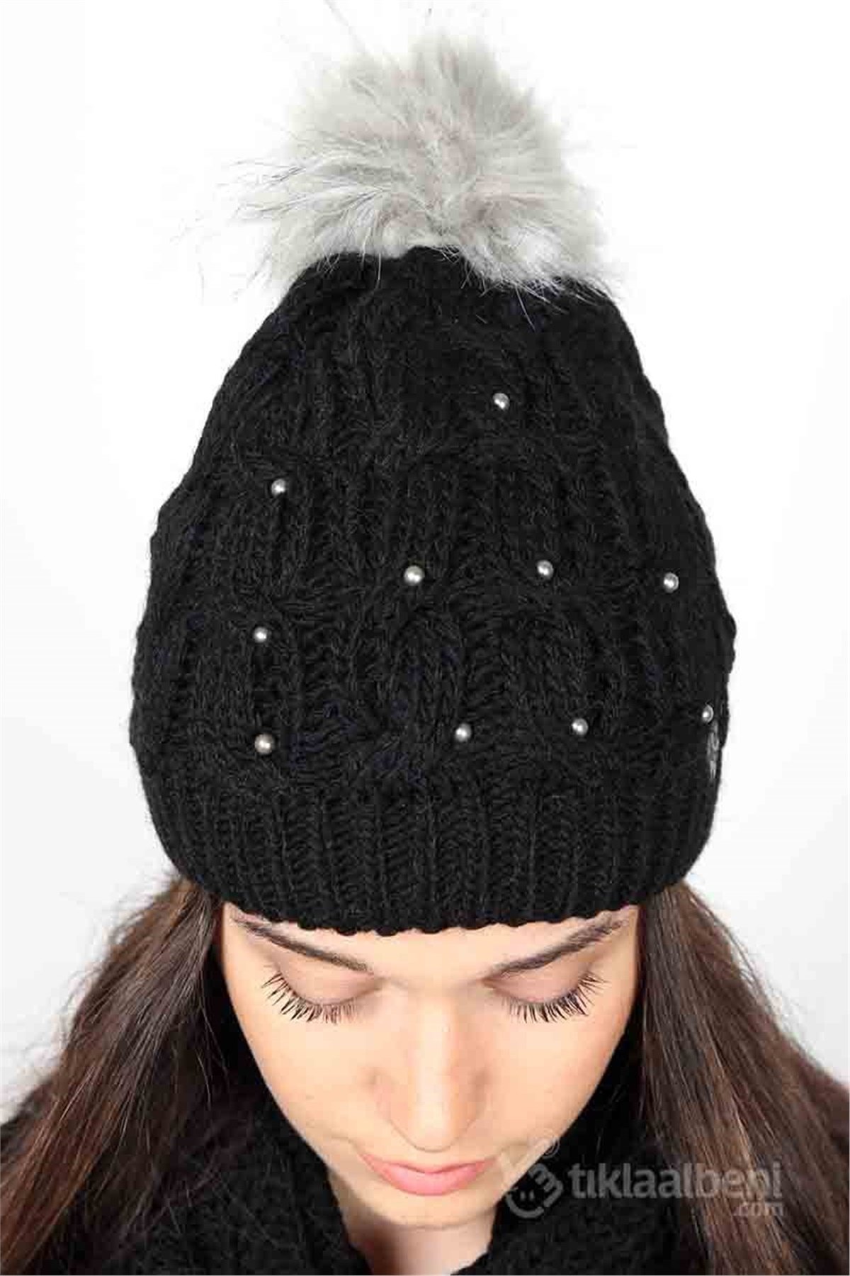 Bayan Atkı Bere Eldiven Üçlü Set, Taş Detaylı - Siyah