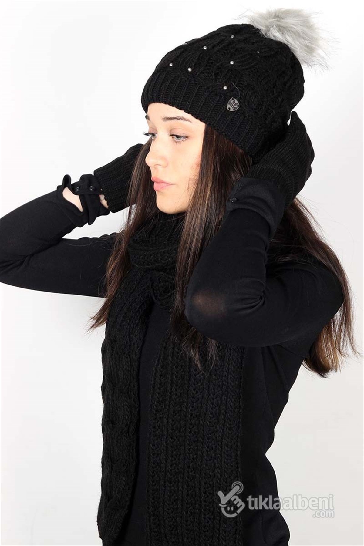 Bayan Atkı Bere Eldiven Üçlü Set, Taş Detaylı - Siyah